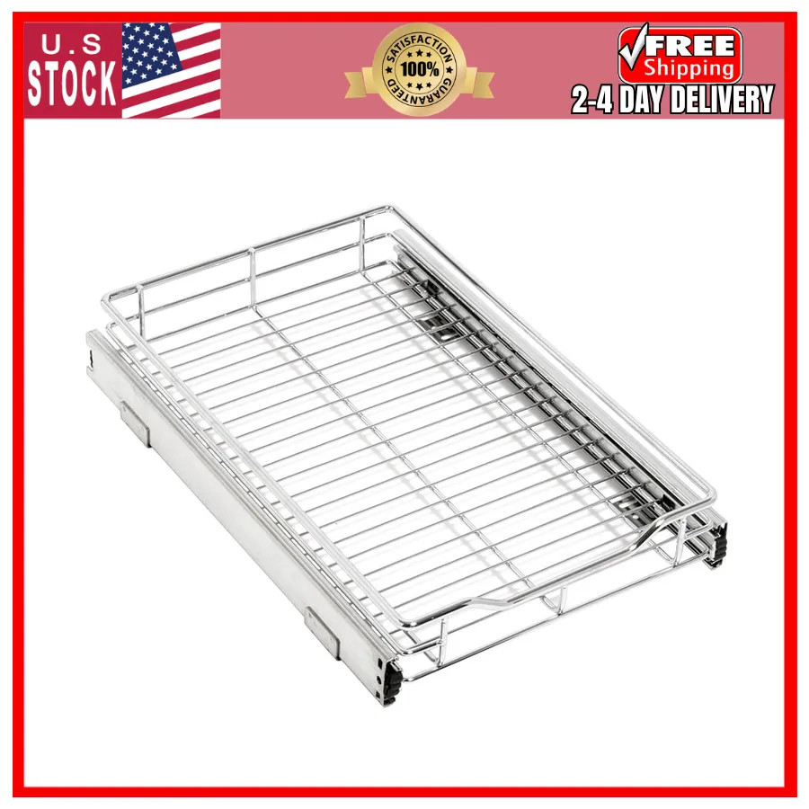 Smart Design Pull Out Cabinet Shelf Organizer 12 in x 18-35 in Chrome 100 lbs
