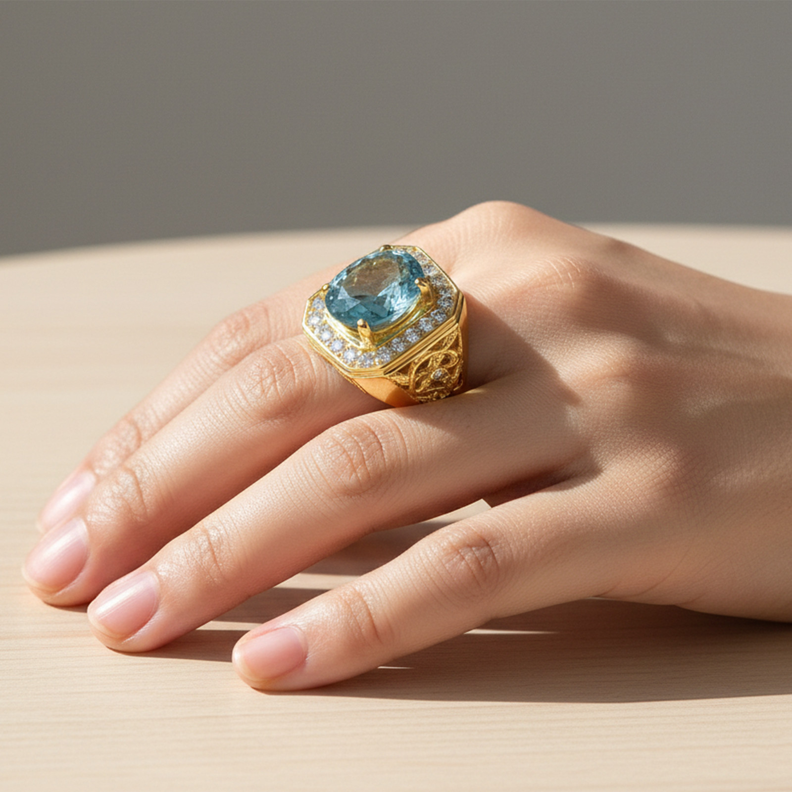 VELVETY SKY BLUE AQUAMARINE 11.60CT OVAL 925 STERLING SILVER 24K GOLD HALO RINGS