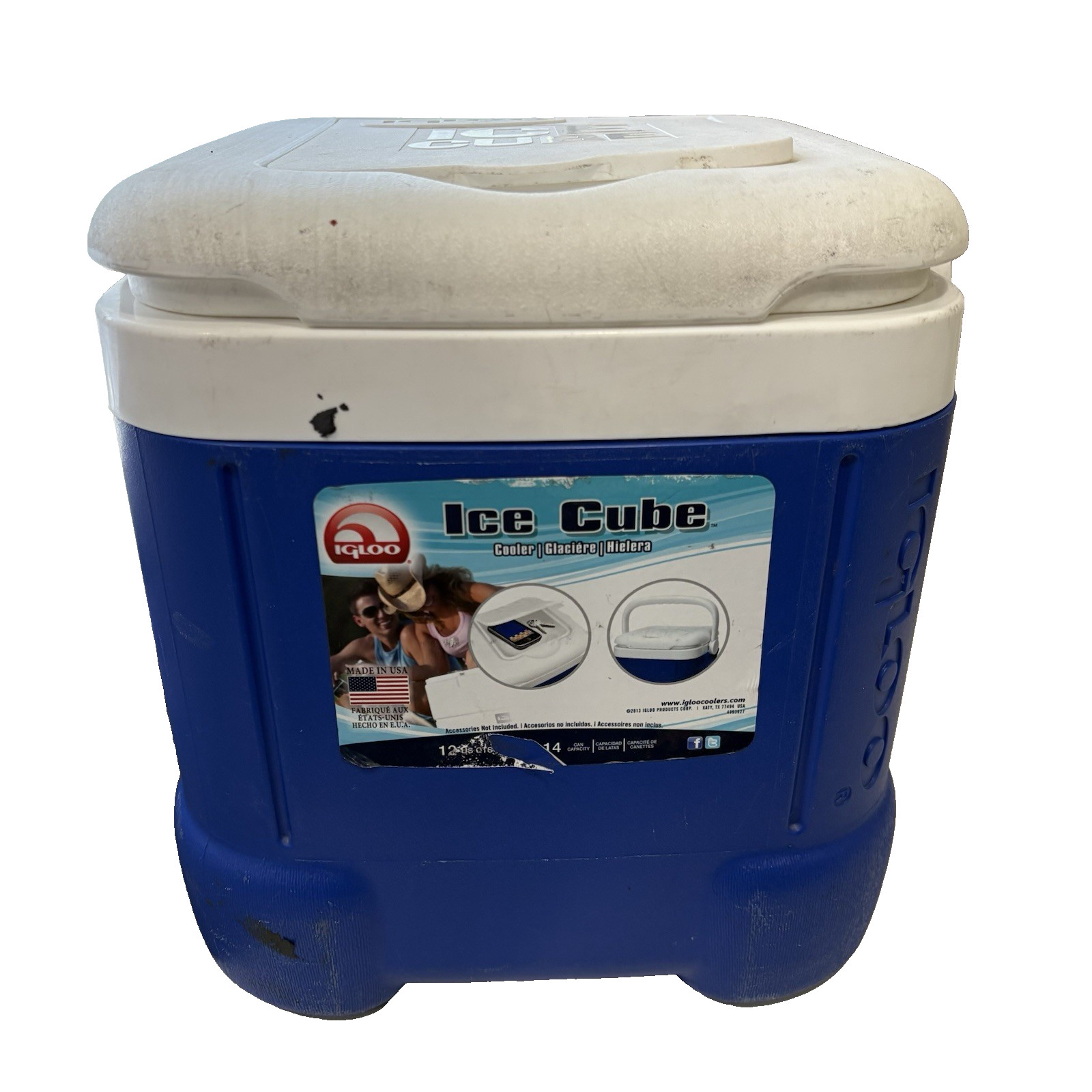 Igloo Ice Cube 12 Quart 14 Can Plastic Cooler  Blue White Top Compartment Handle