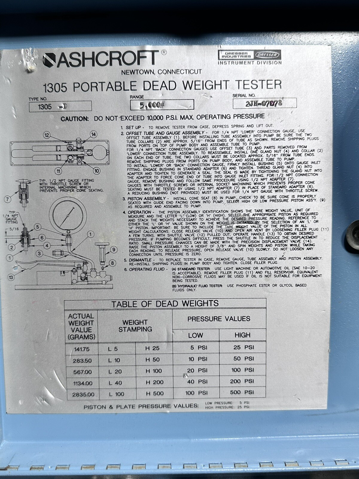 ASHCROFT 1305-D PORTABLE DEADWEIGHT TESTER MINT