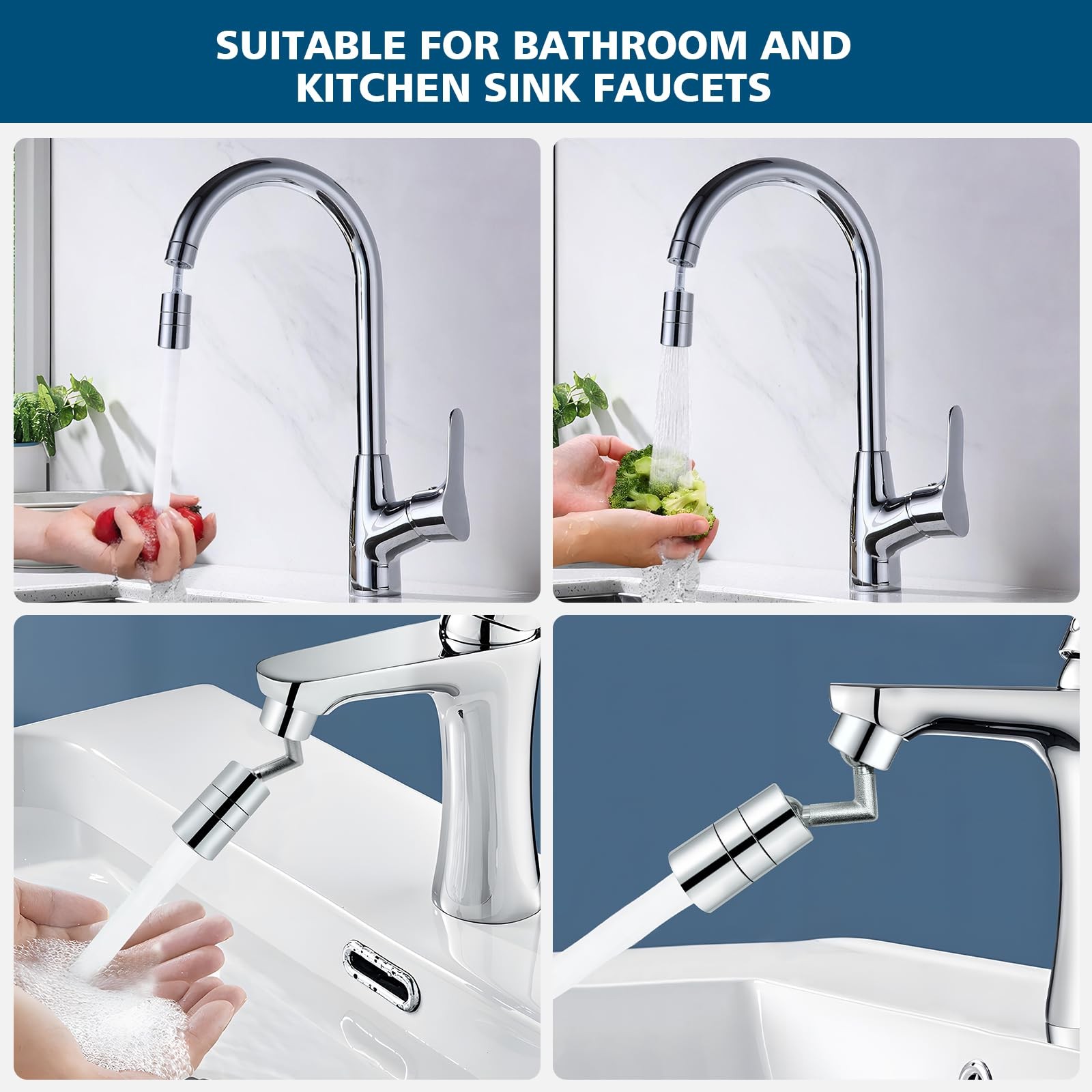 720° Rotating Water Controller 2-Flow Sink Attachment 55/64" Chrome Extender