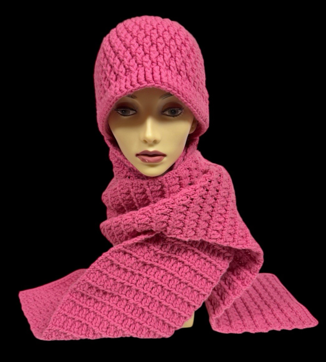 Handmade Hot Pink Crocheted Set Beanie Skull Ski Cap 82"x8" Scarf NEW FREE SHIP