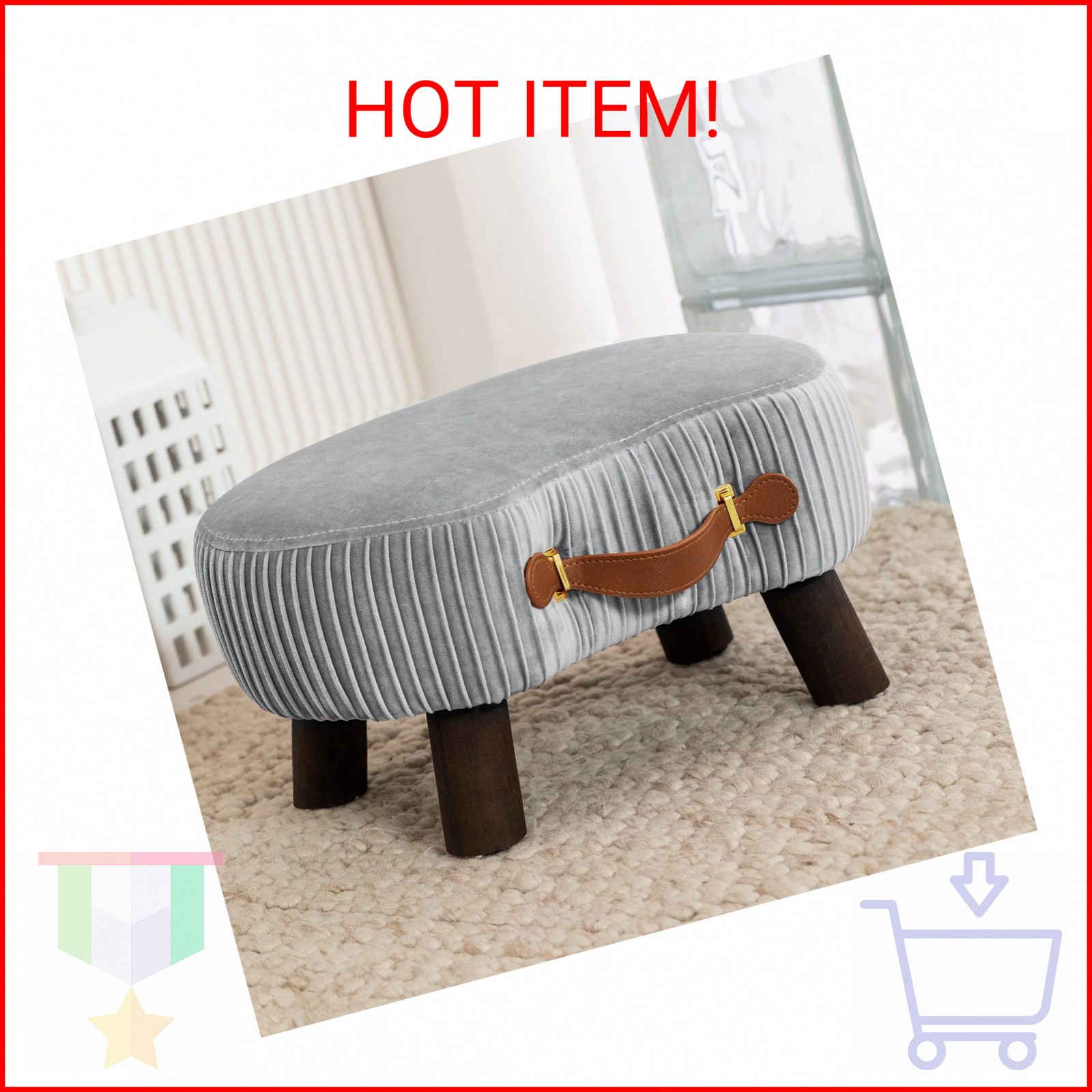 LUE BONA Small Curved Foot Stool with Handle, Gray Velvet Footstool and Ottomans