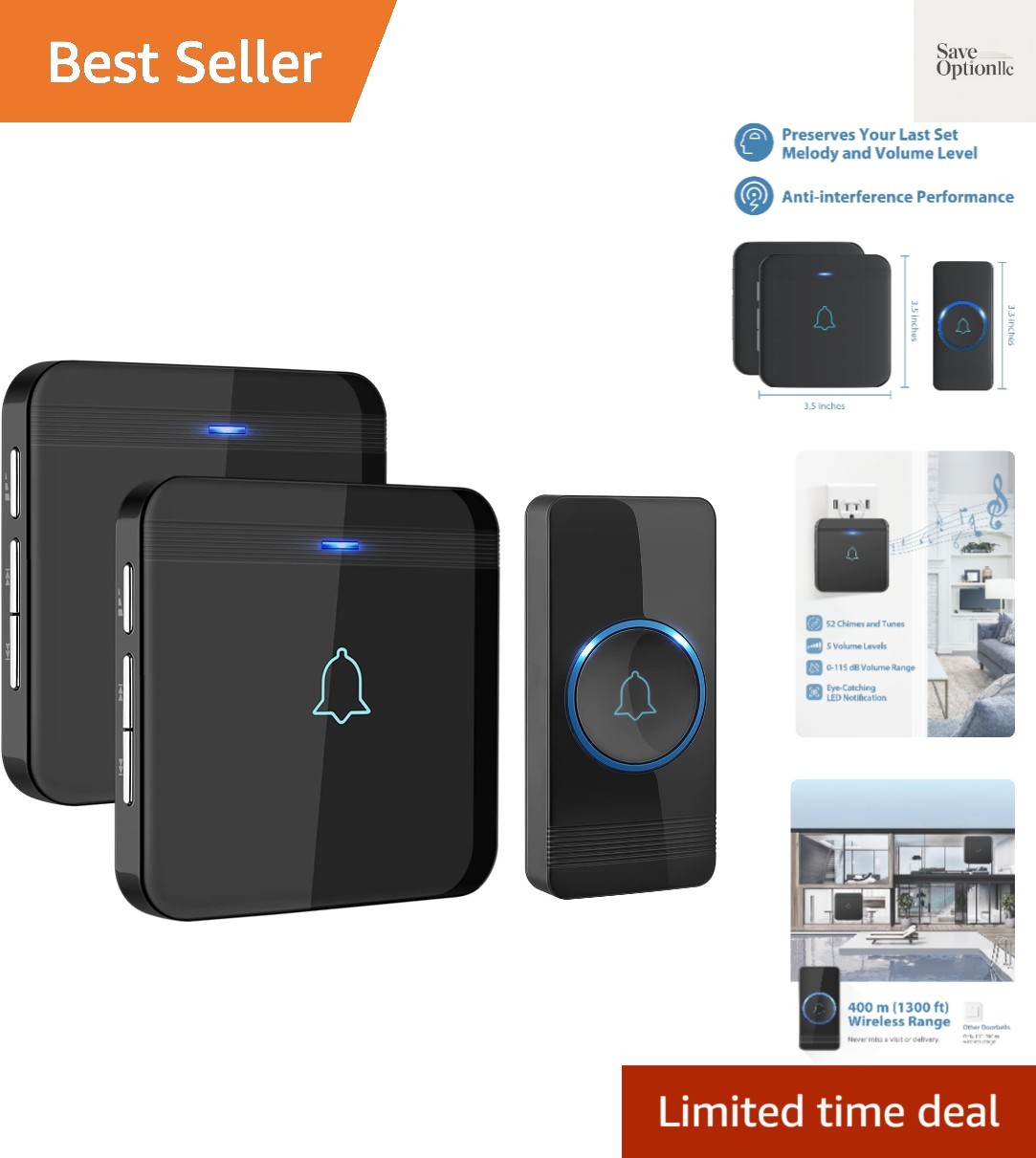 Wireless Doorbell, 1300 ft Range, Waterproof, 2 Receivers, Black | 115 dB Vol...