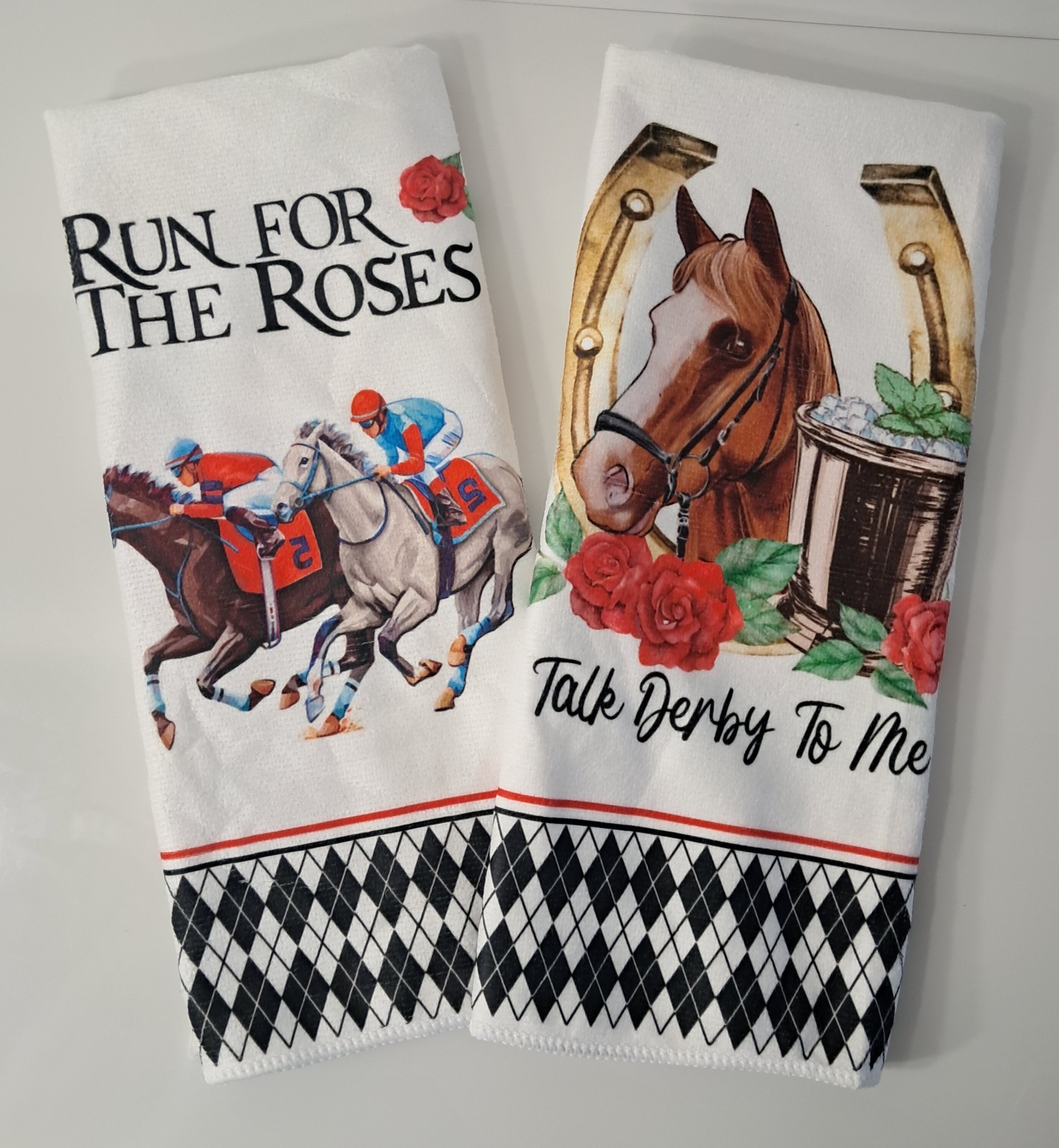 Kentucky Derby Kitchen Towels 2  Horses Roses 17.25x27" Jockeys Mint Julip