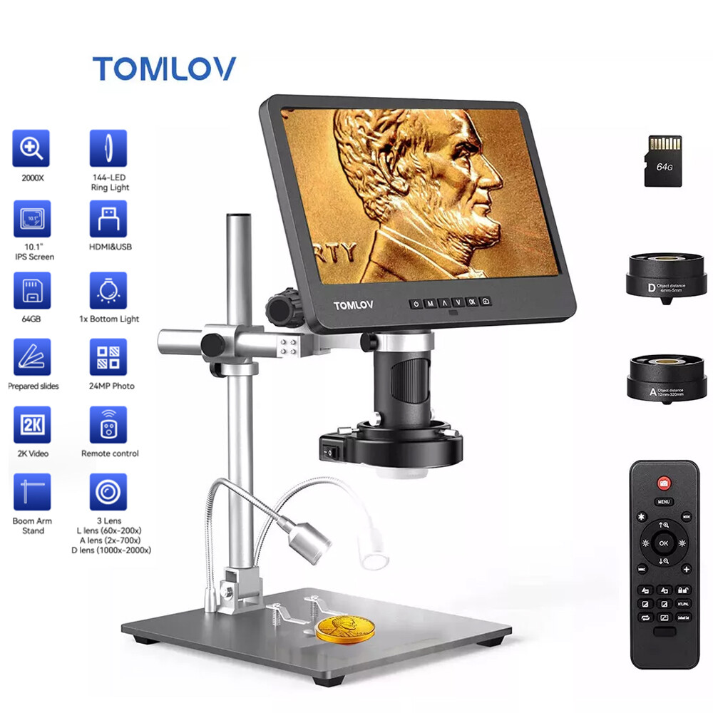 TOMLOV DM602 Pro 10" Digital Microscope 2000x Pro Boom Arm Stand Coin Magnifier