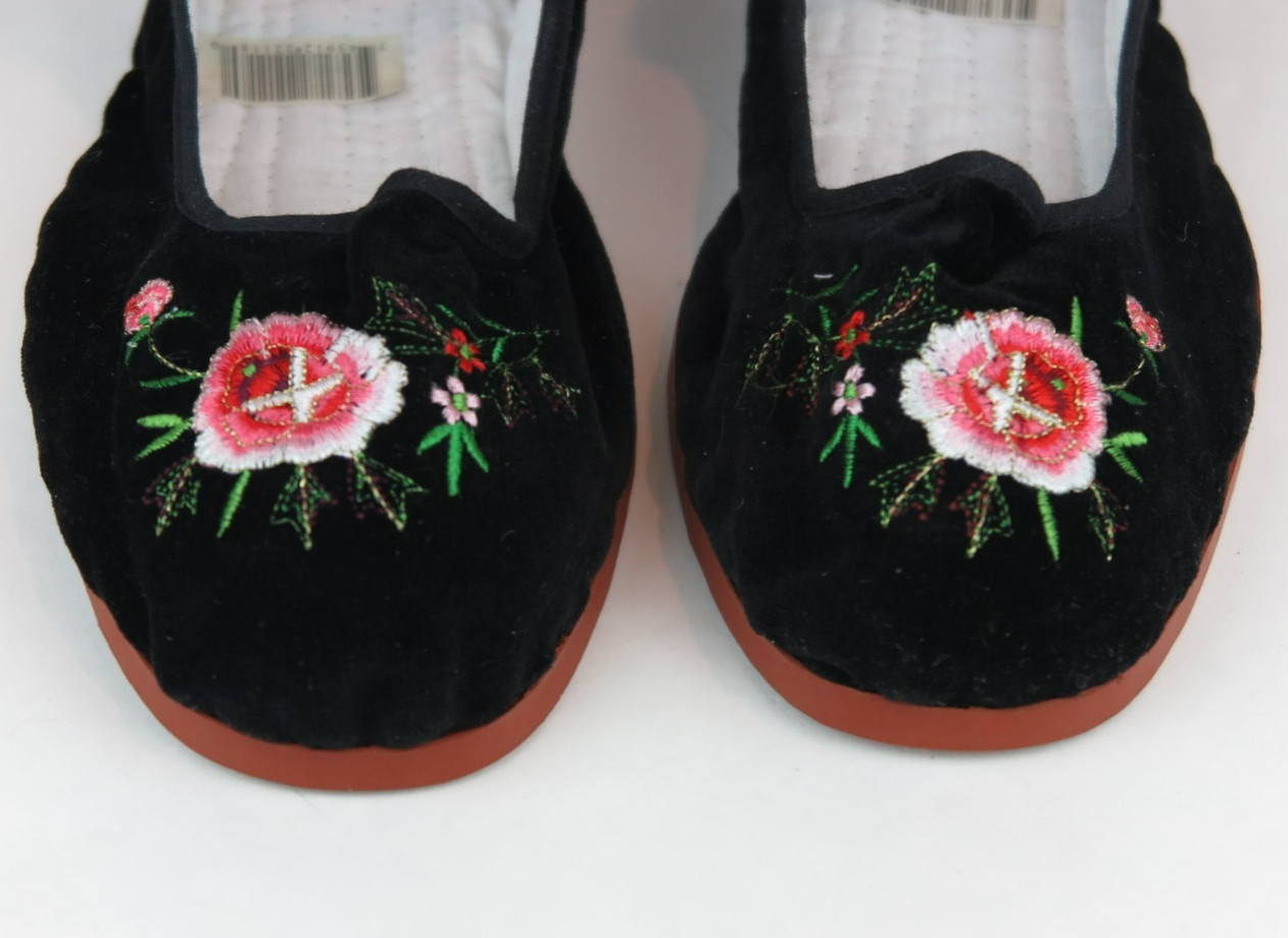Women's Chinese Mary Jane Floral Velvet Shoes Slippers Black - Sizes 35-40 New