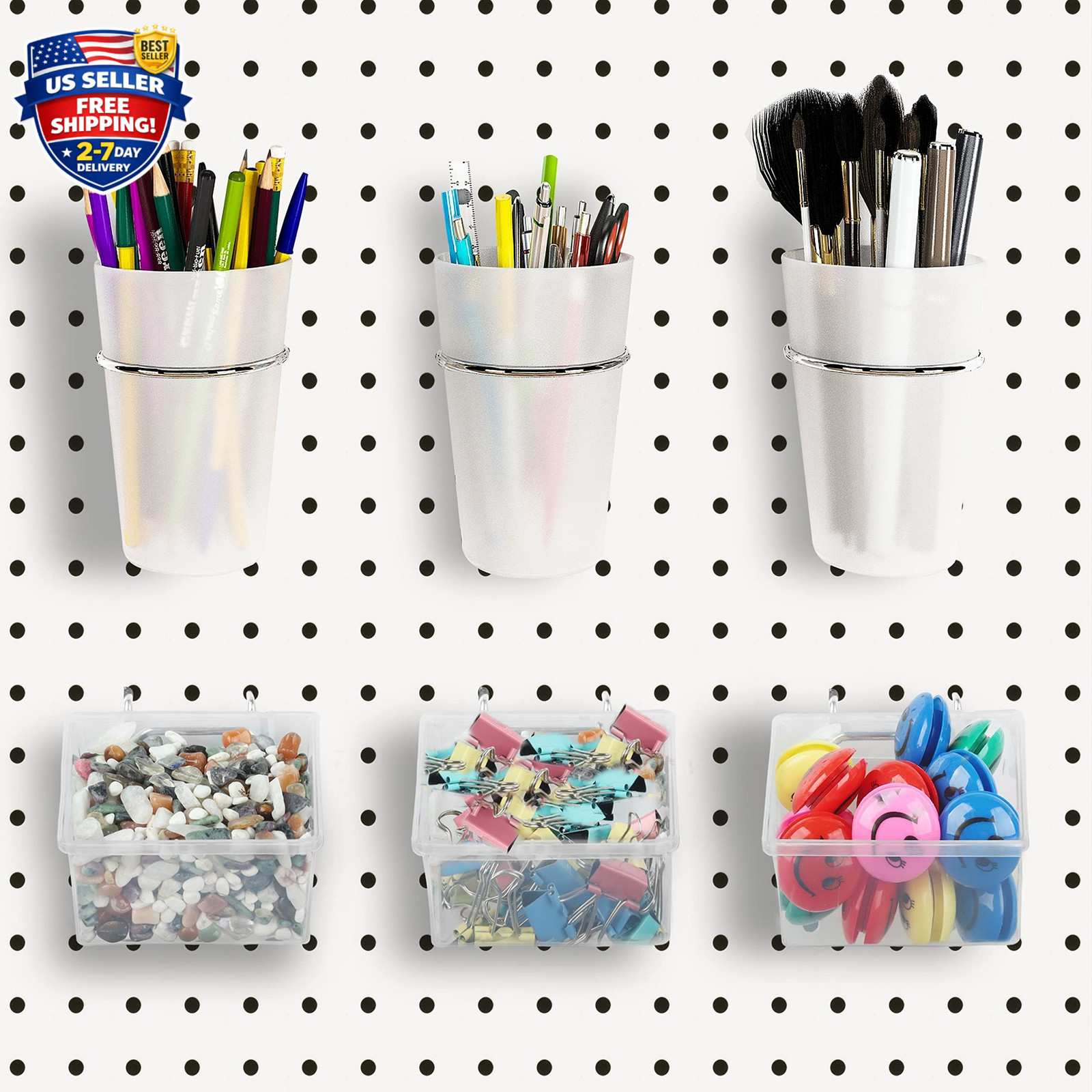 6 Sets Pegboard Bins and Cups with Pegboard Hooks, Pegboard Accessories Baskets,