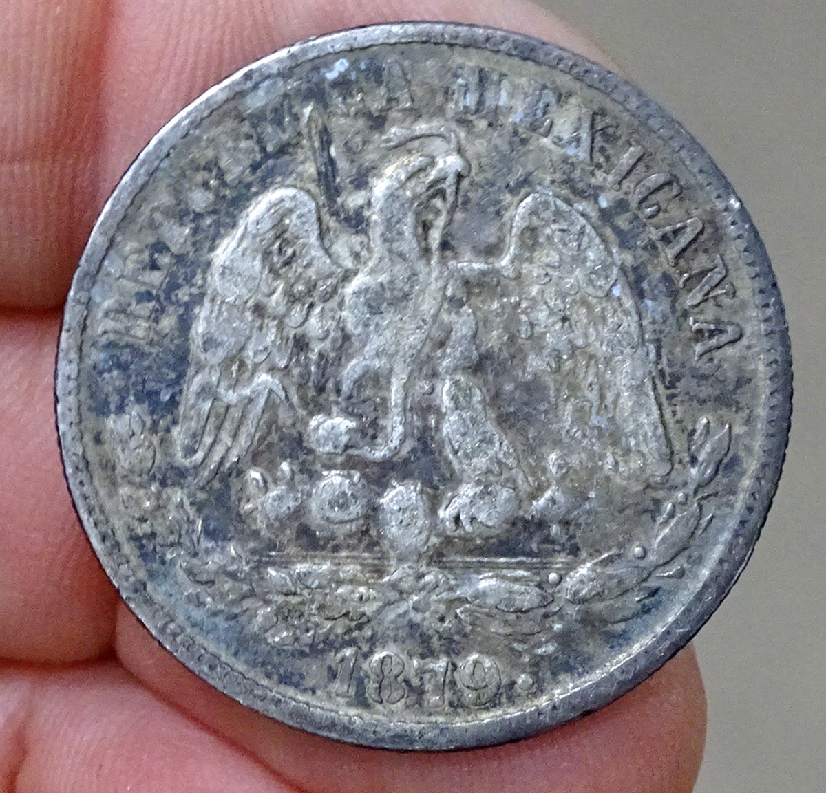 1879 MEXICO Eagle & Cap MEXICAN SILVER 50 Centavos Coin / ALAMOS MINT As L