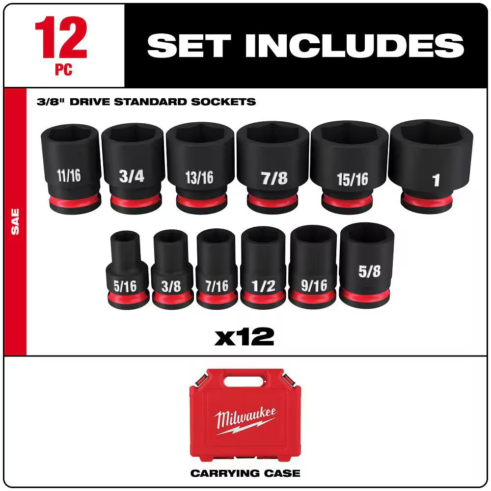 SHOCKWAVE 3/8 In. Drive SAE 6 Point Impact Socket Set (12-Piece)