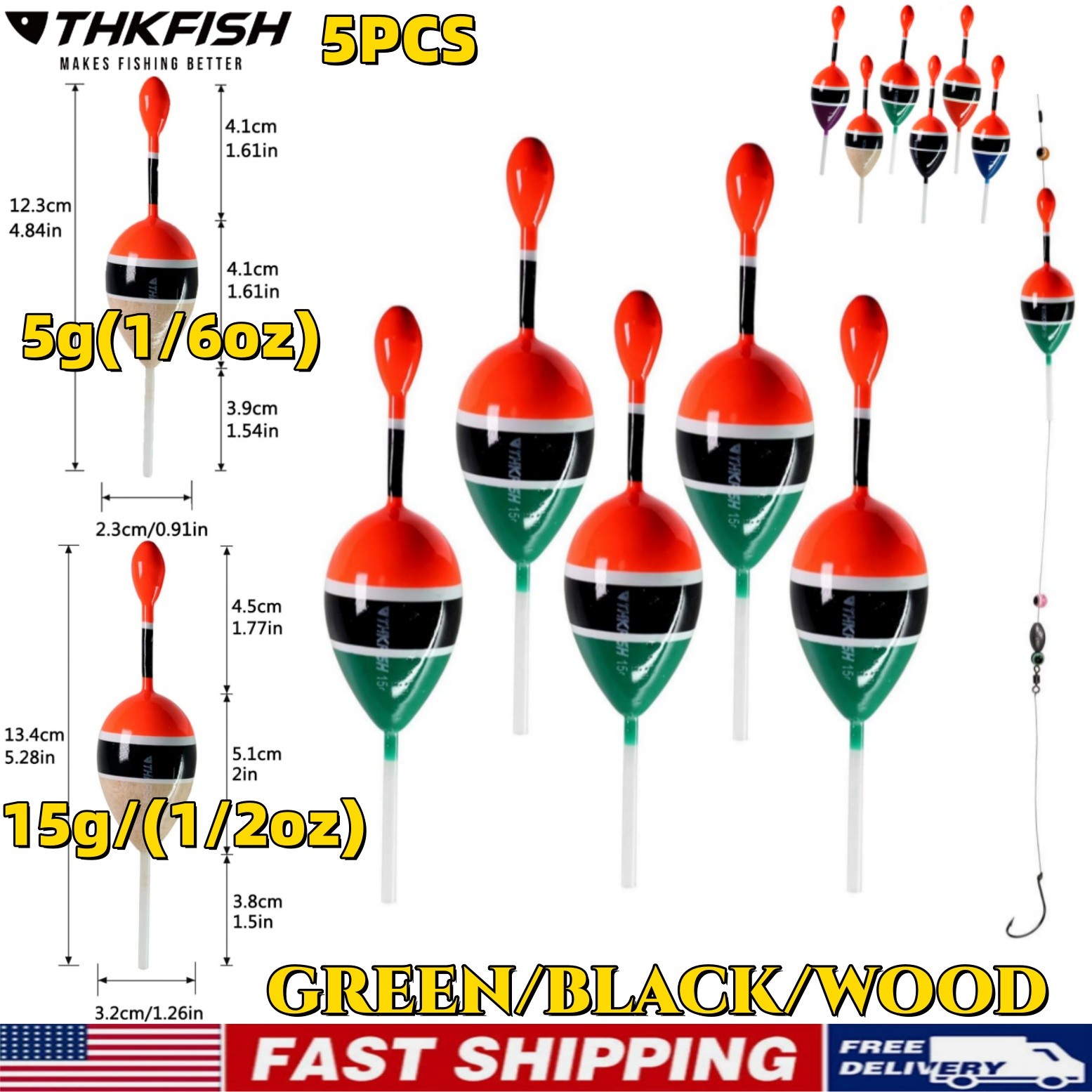 5PCS Fishing Floats Fishing Bobbers Oval Trout Float Foam Fish Floats Wood Slip