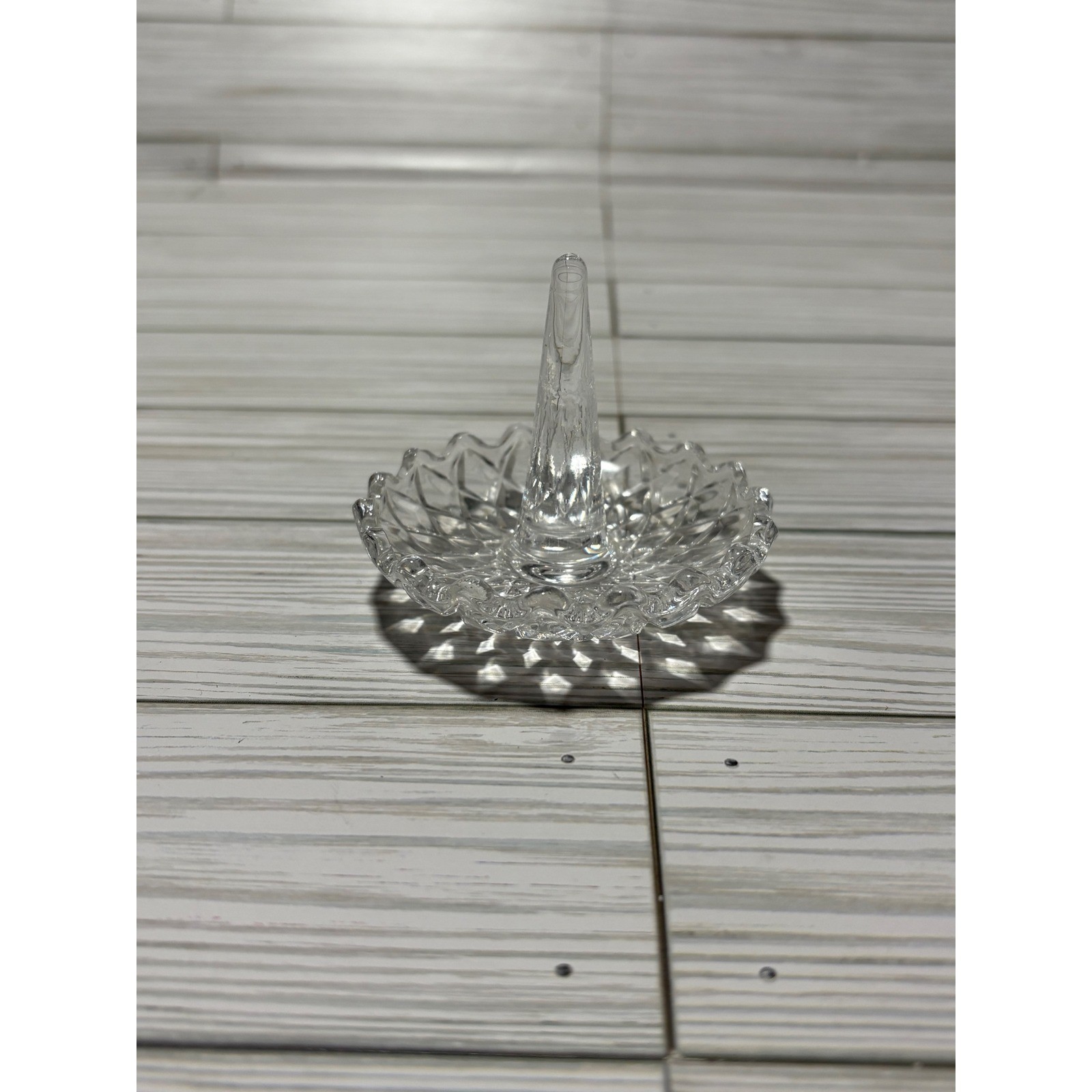 Vintage Clear Cut Glass Ring Holder Scalloped Edge Jewelry Dish Vanity Decor