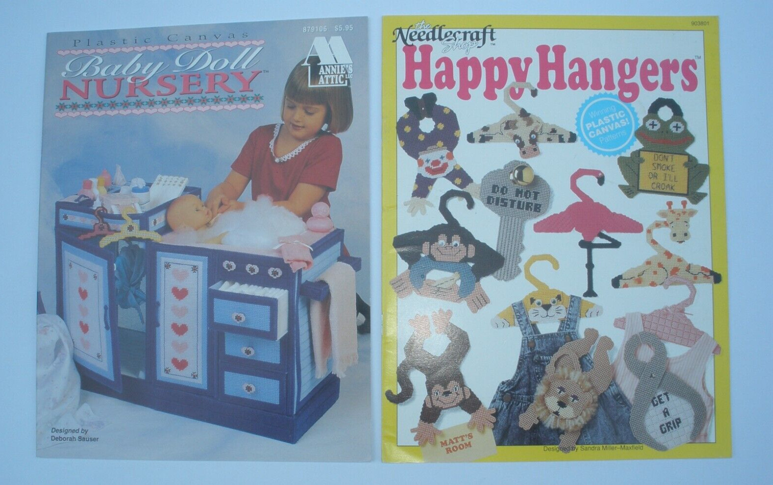 Lot of 2 PLASTIC CANVAS BABY DOLL NURSERY & ANIMAL HANGERS Annie's / Needlecraft