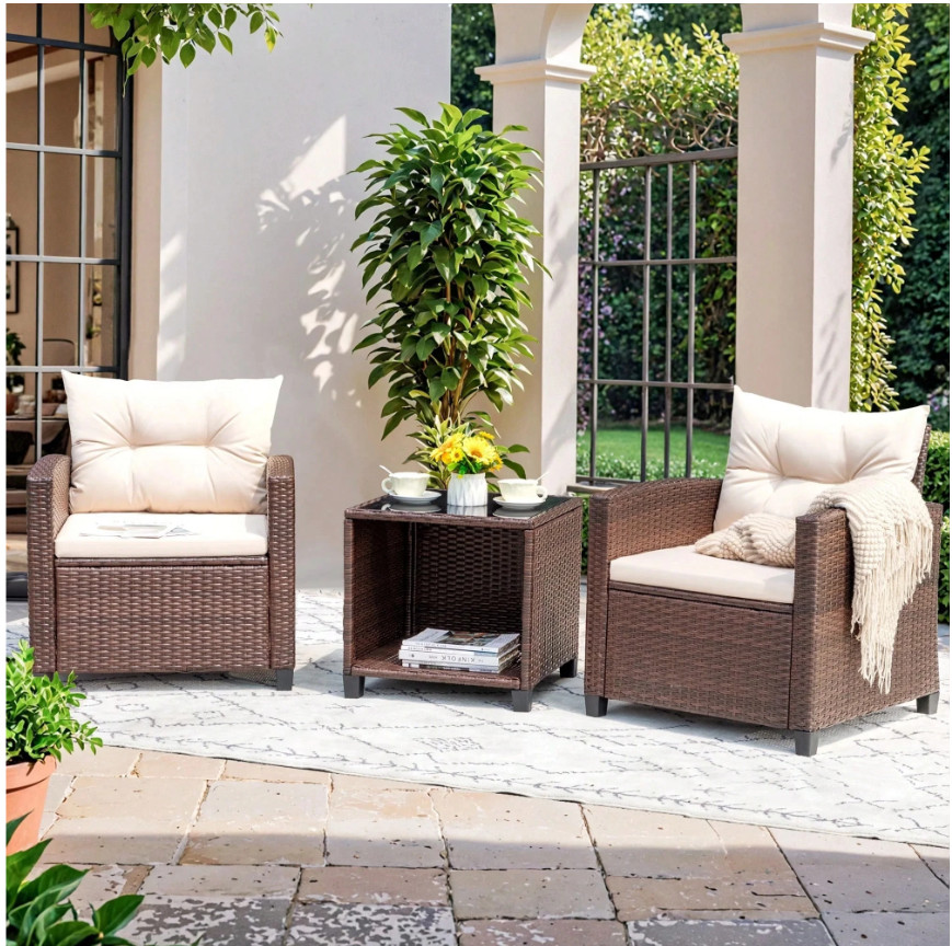 3 Pieces Outdoor Furniture Patio Bistro Furniture Set, Rattan Conversation Chair
