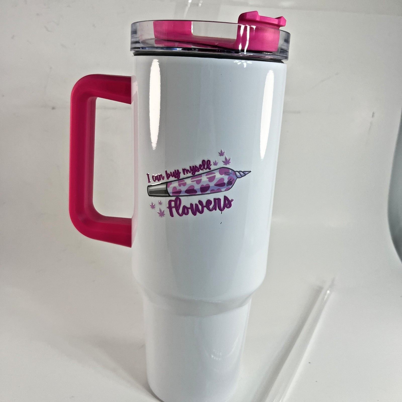 Stainless Steel Travel Tumbler 30oz White Pink Handle Flowers Quote