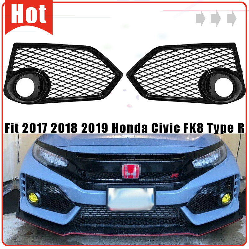 Fit 2017-2021 Honda Civic Type R FK8 Black Mesh Front Fog Light Cover Bezel Pair