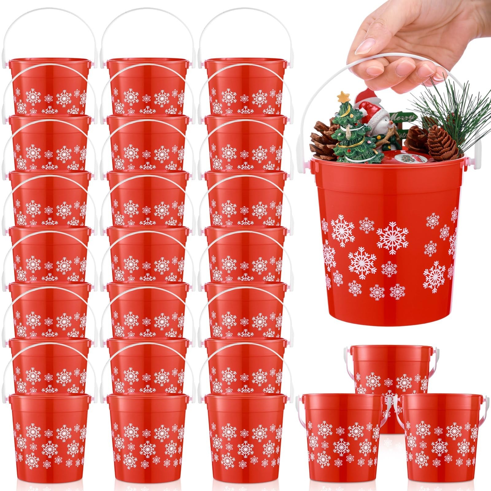 32 Pcs Christmas Plastic Buckets with Handle 4.69 x 3.78 x 4.8 Inch Christmas...
