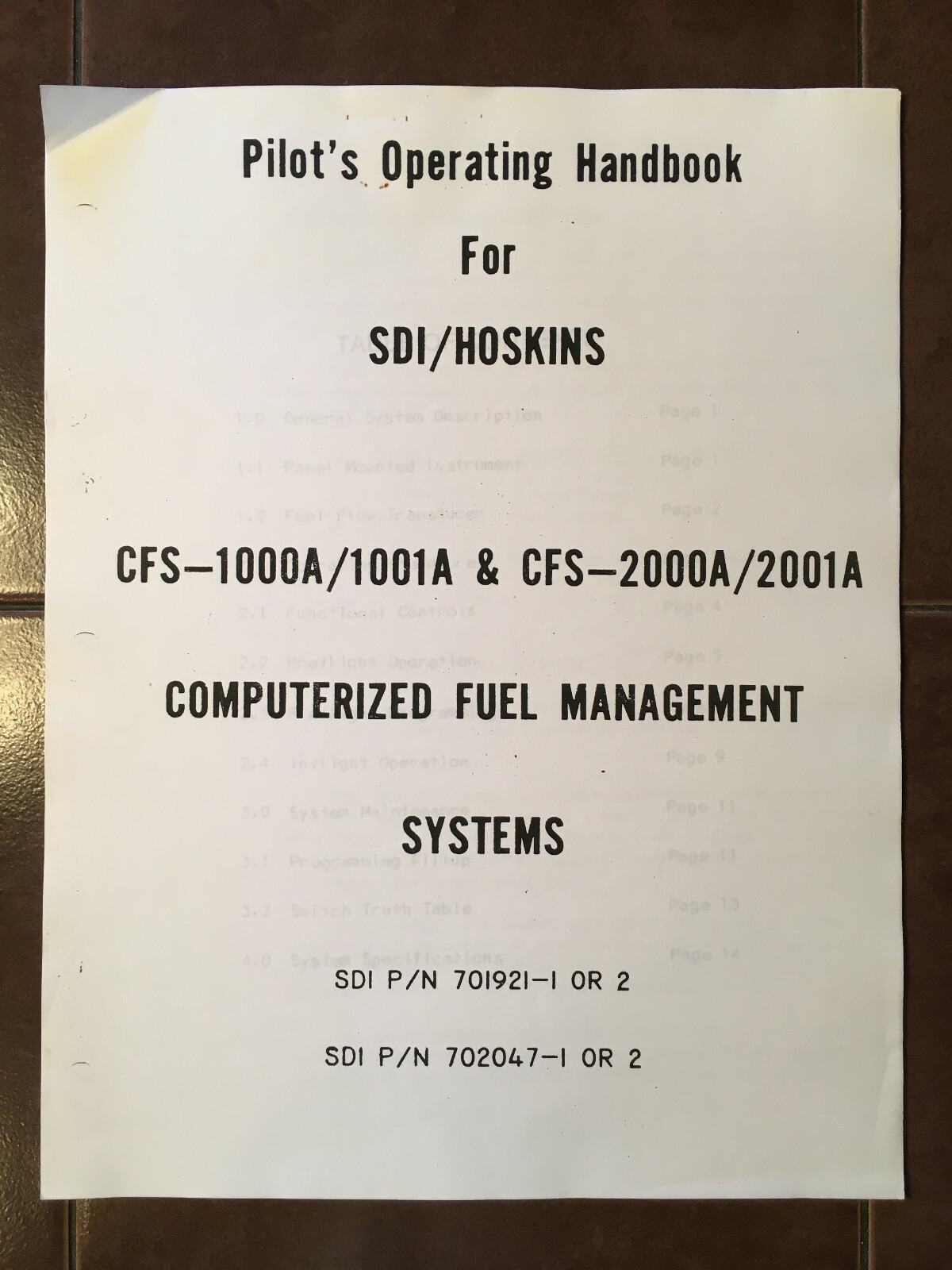 SDI/Hoskins, CFS-1000A/1001A & CFS-2000A/2001A Fuel, Operating Handbook