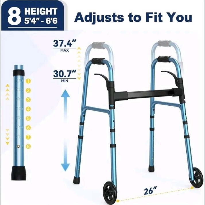 Walkers for Seniors, Folding Walker with Wheels and 2 Skis, Lightweight Rolling