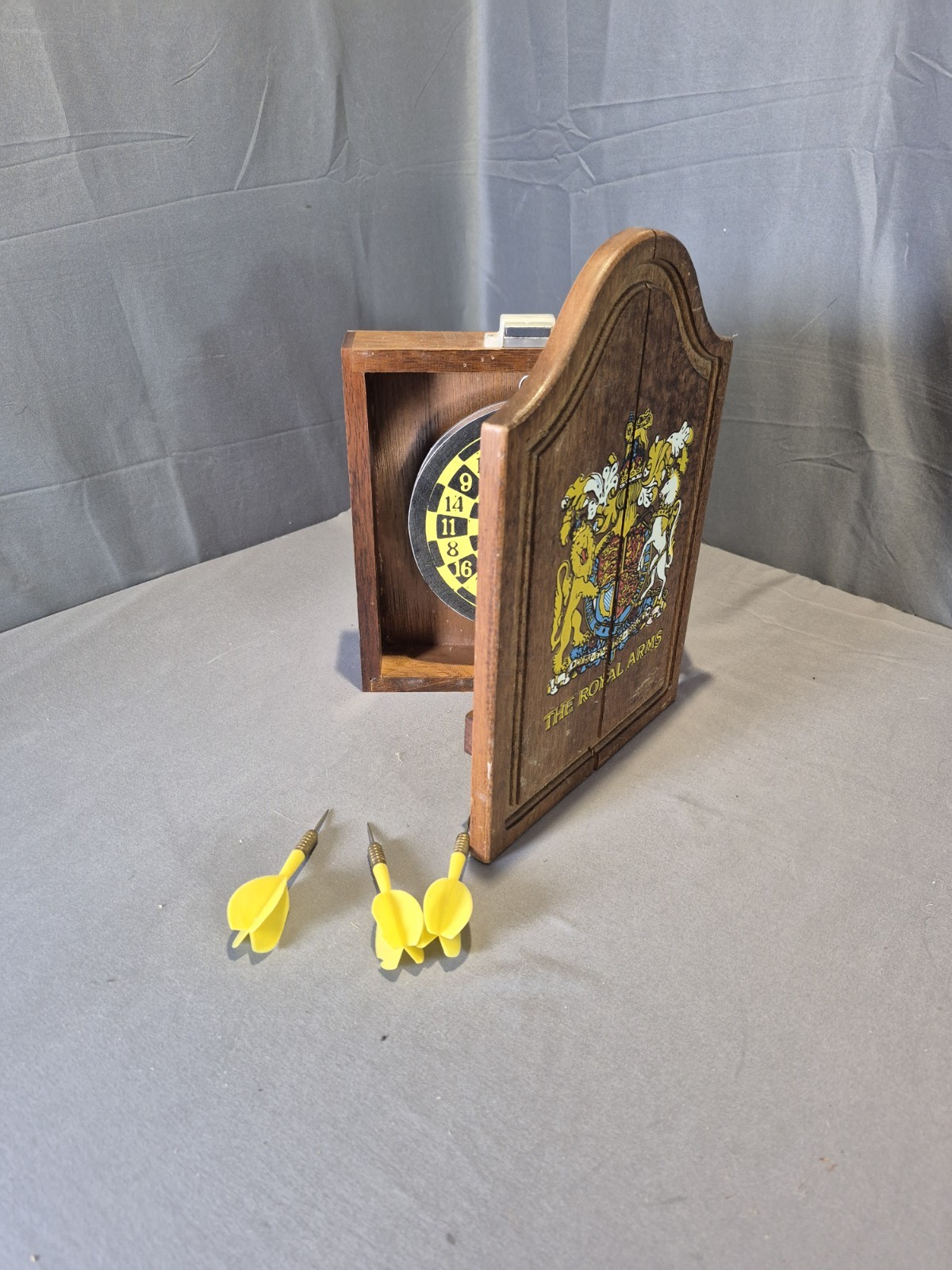 Vintage 1970s The Royal Arms Small Dart Board Inside Wooden Cabinet With 3 Darts