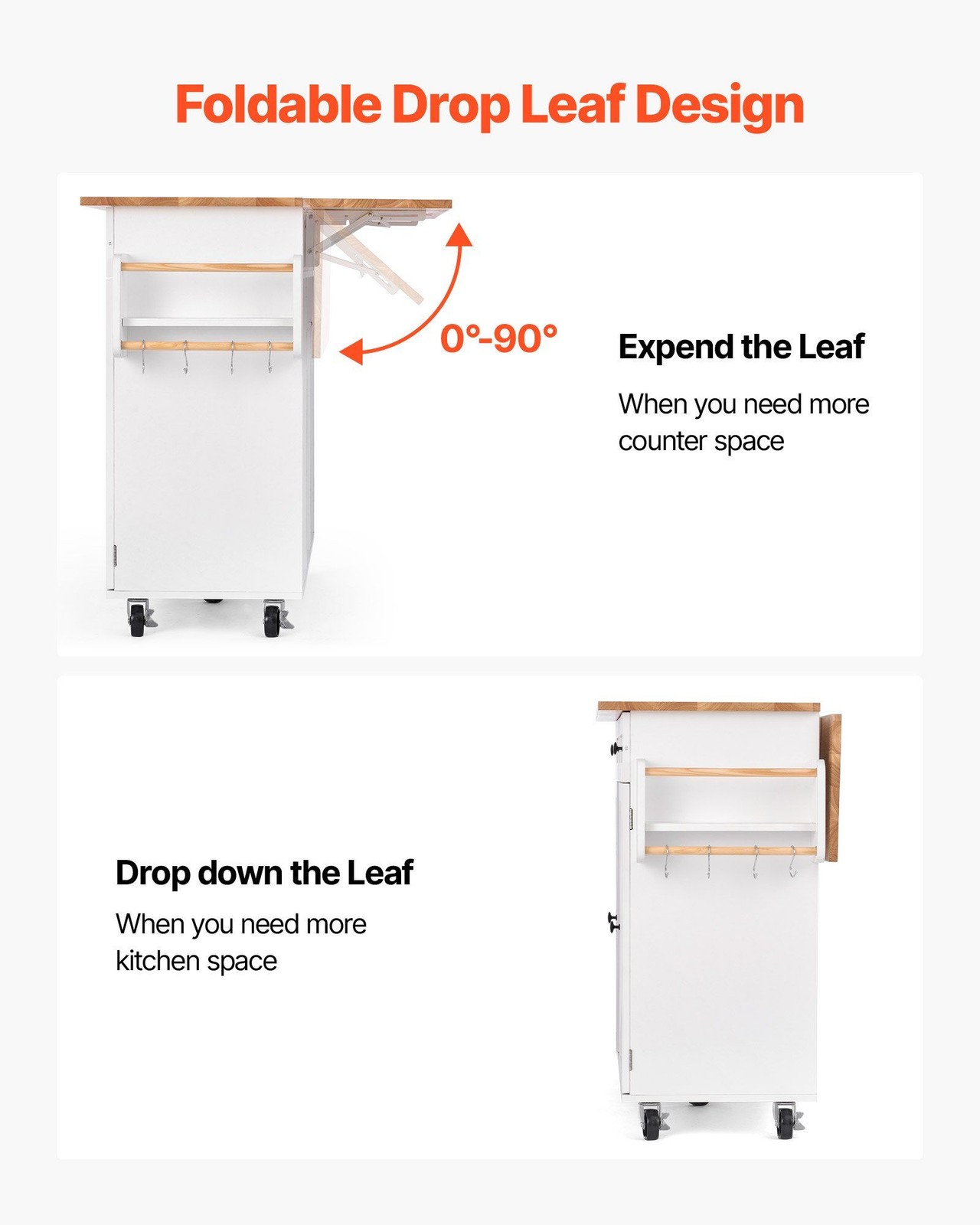 52in Rolling Kitchen Island Cart Storage Cabinet Table with Drawer & Drop Leaf