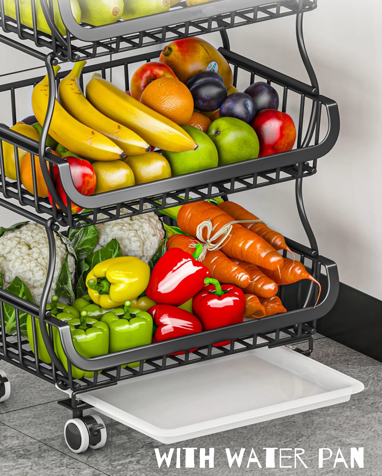 Fruit Vegetable Storage Baskets with Wheels, 6 Tier Stackable Wire Storage Ba...