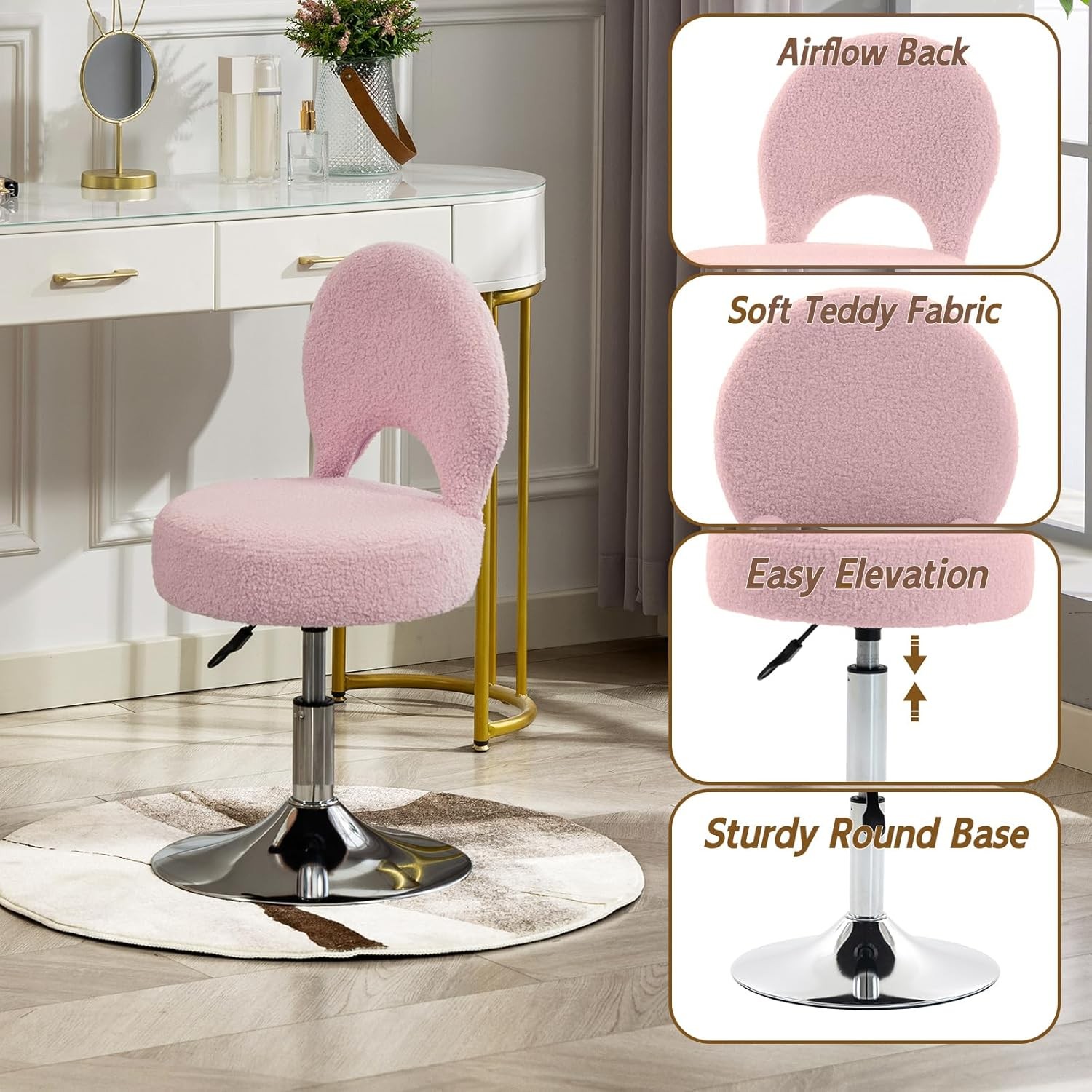 Adjustable Small Vanity Chair 360° Swivel Vanity Stool W/ Folding Back Teenager