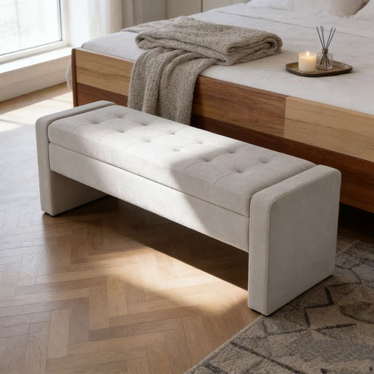 50" White Tufted Storage Ottoman Bench with Soft Close Hinge