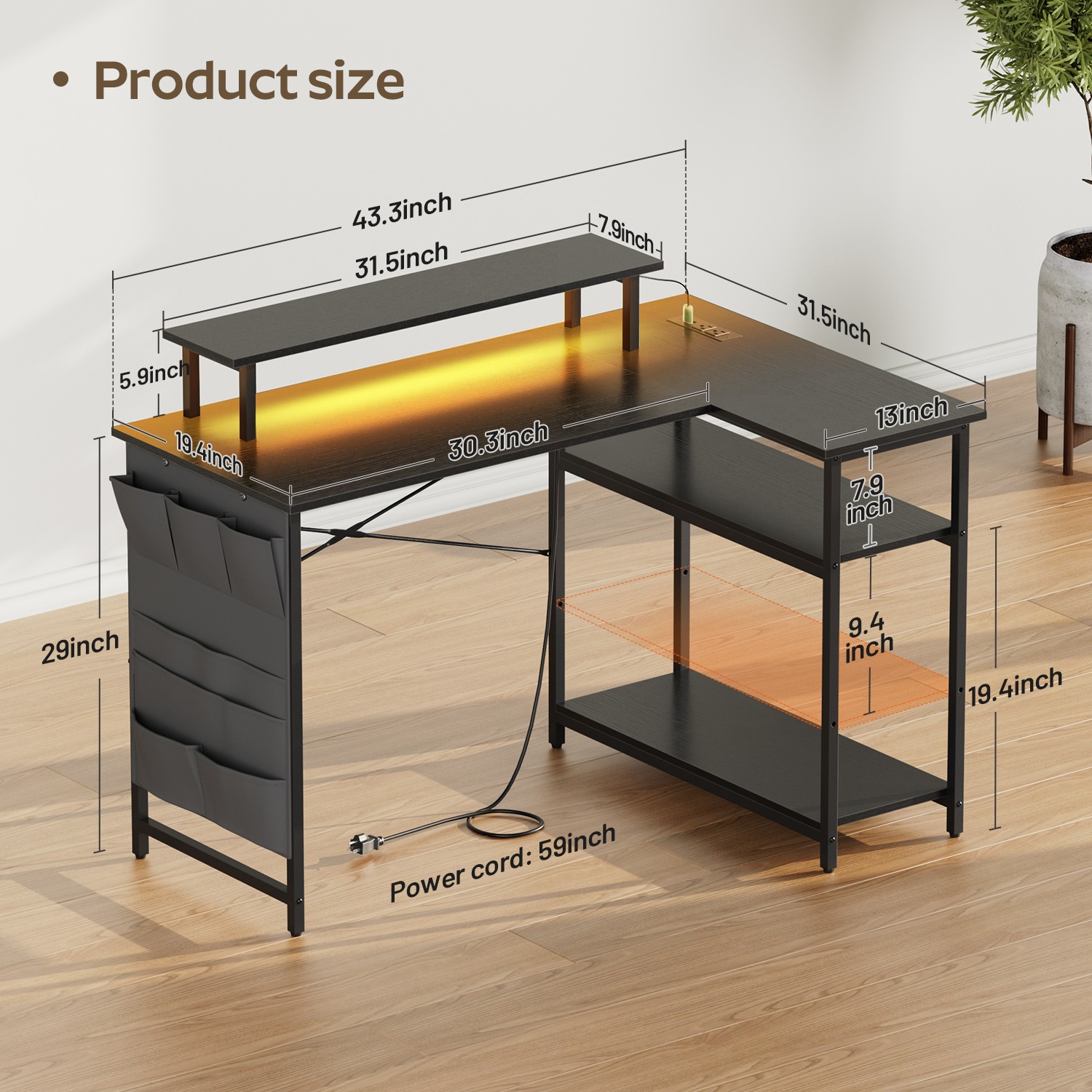 L Shaped Computer Desk with LED Light & Power Outlets, Corner Desk with Side Bag