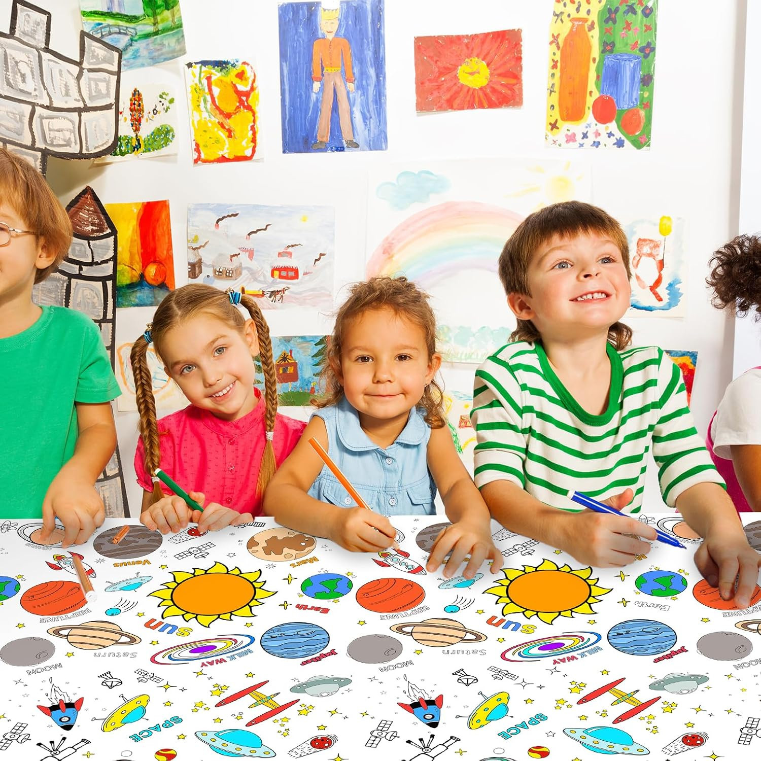 Giant Outer Space Coloring Tablecloth for Kids - Solar System Universe Paper Tab