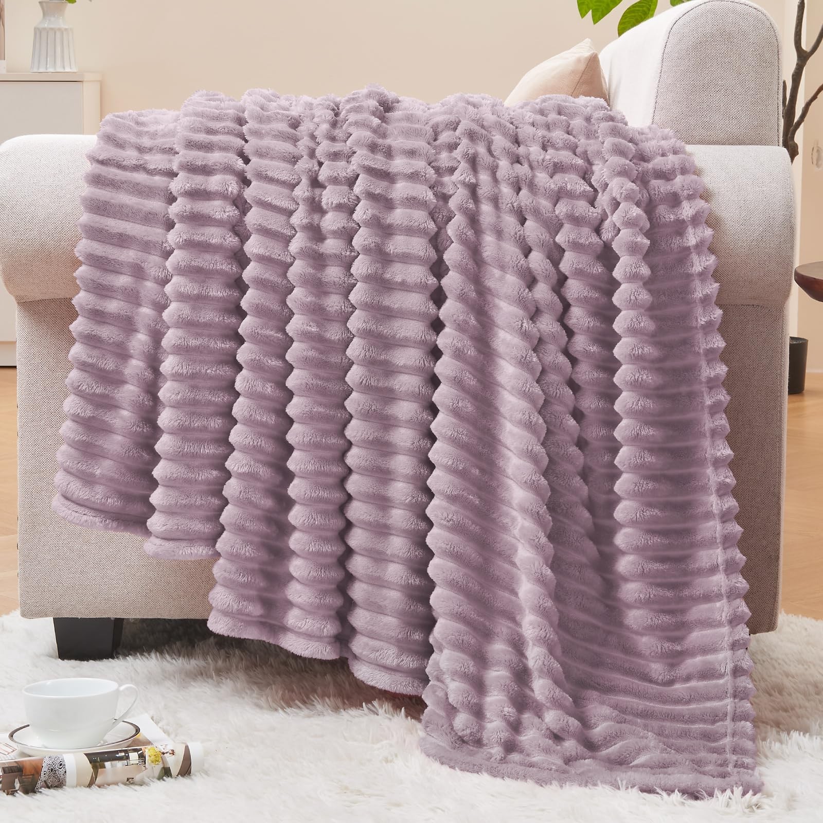 BEDELITE Fleece Blanket Twin Size – 3D Ribbed Twin(60"x80"), Dusky Violet