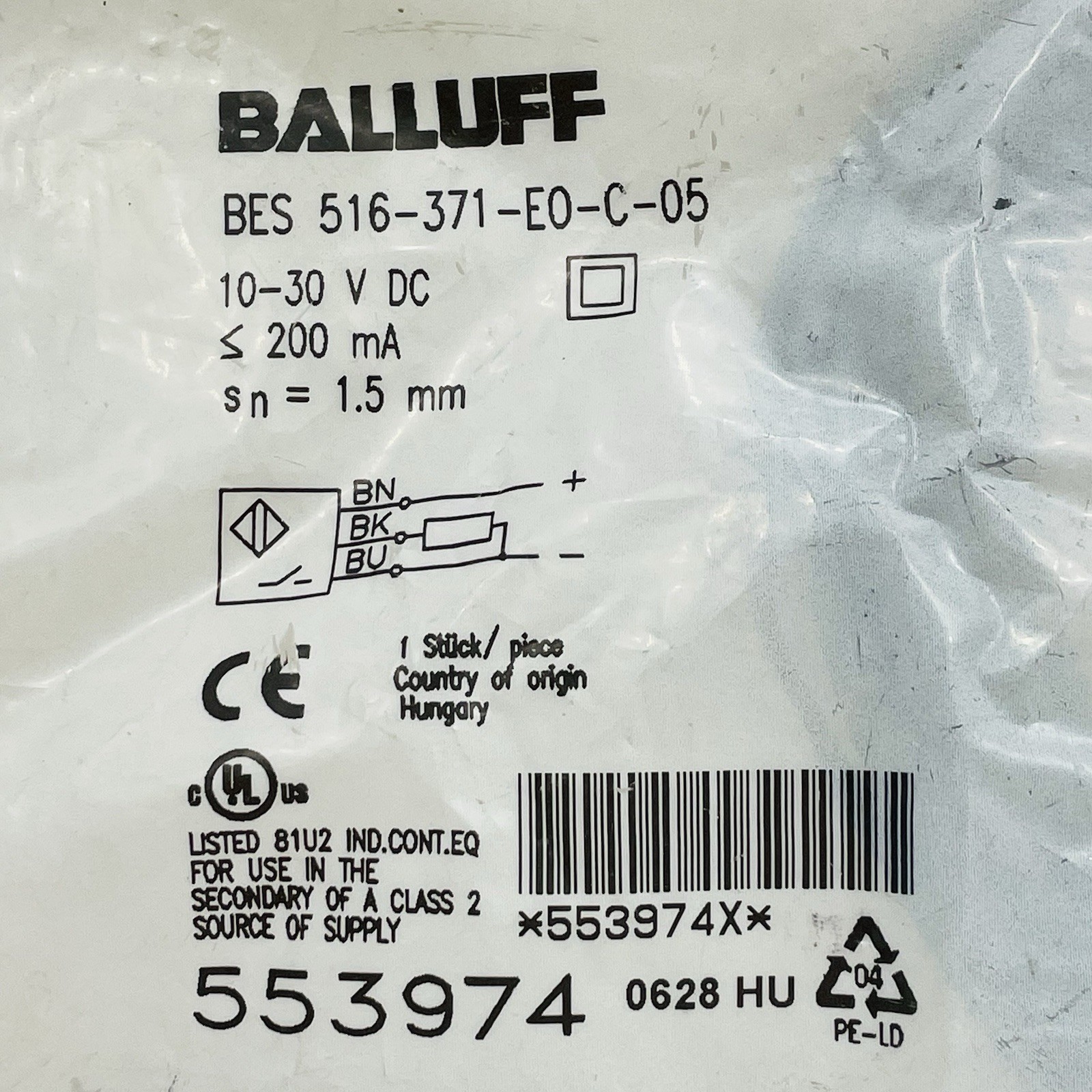 Balluff BES 516-371-EO-C-05 Inductive Sensor 10-30VDC 1.5mm Range PNP NO ~New~