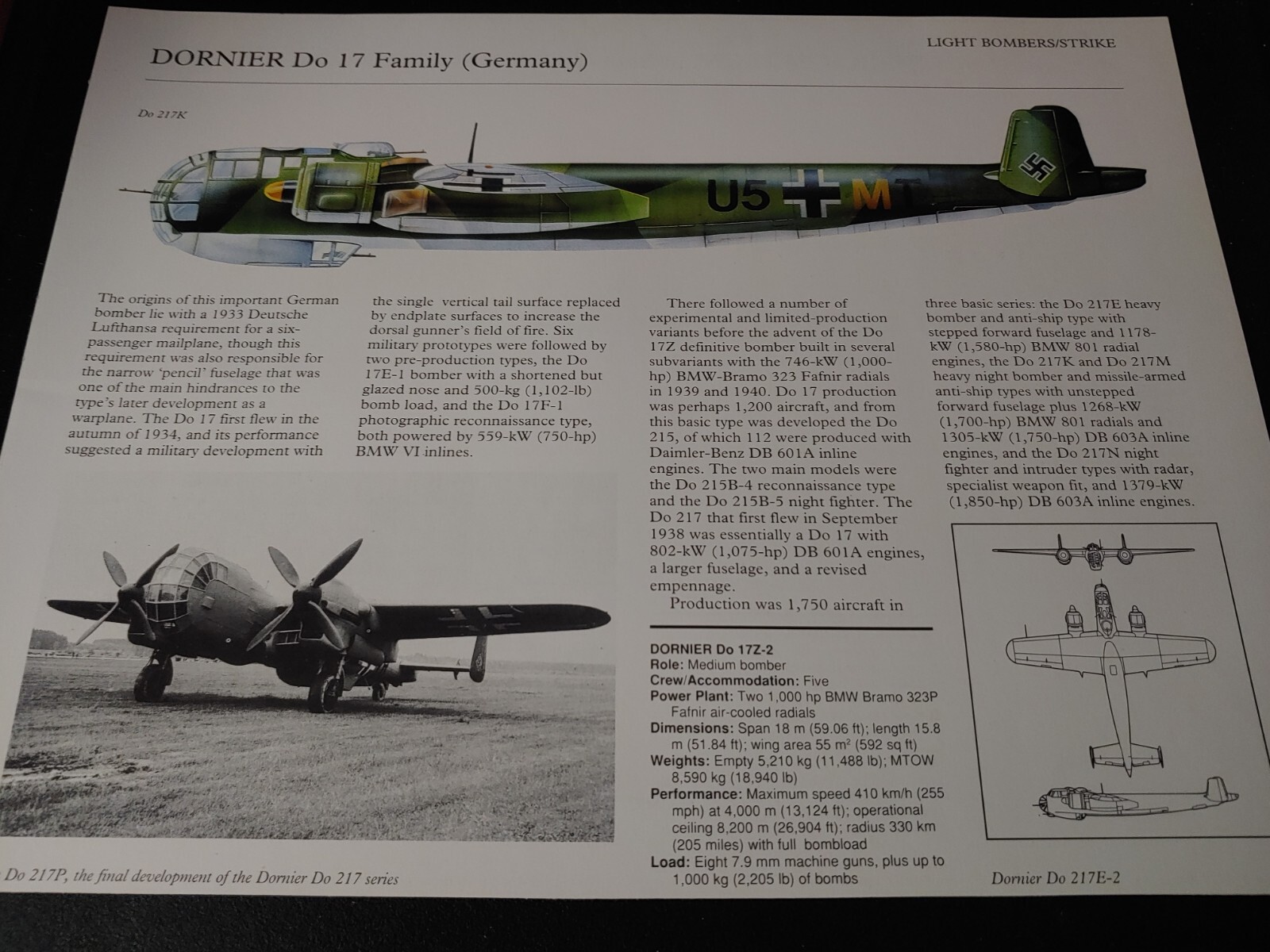 Dornier Do 17 Aircraft Picture Out of Print Article Spec Sheet Wall Art Decor