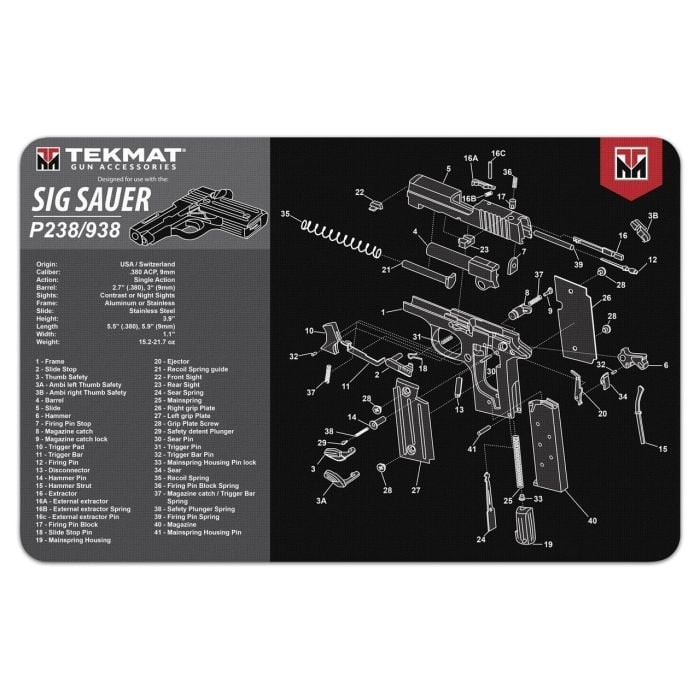 Tekmat Sig Sauer P238 Black 11x17 inch Cleaning Mat-R17-SIGP238