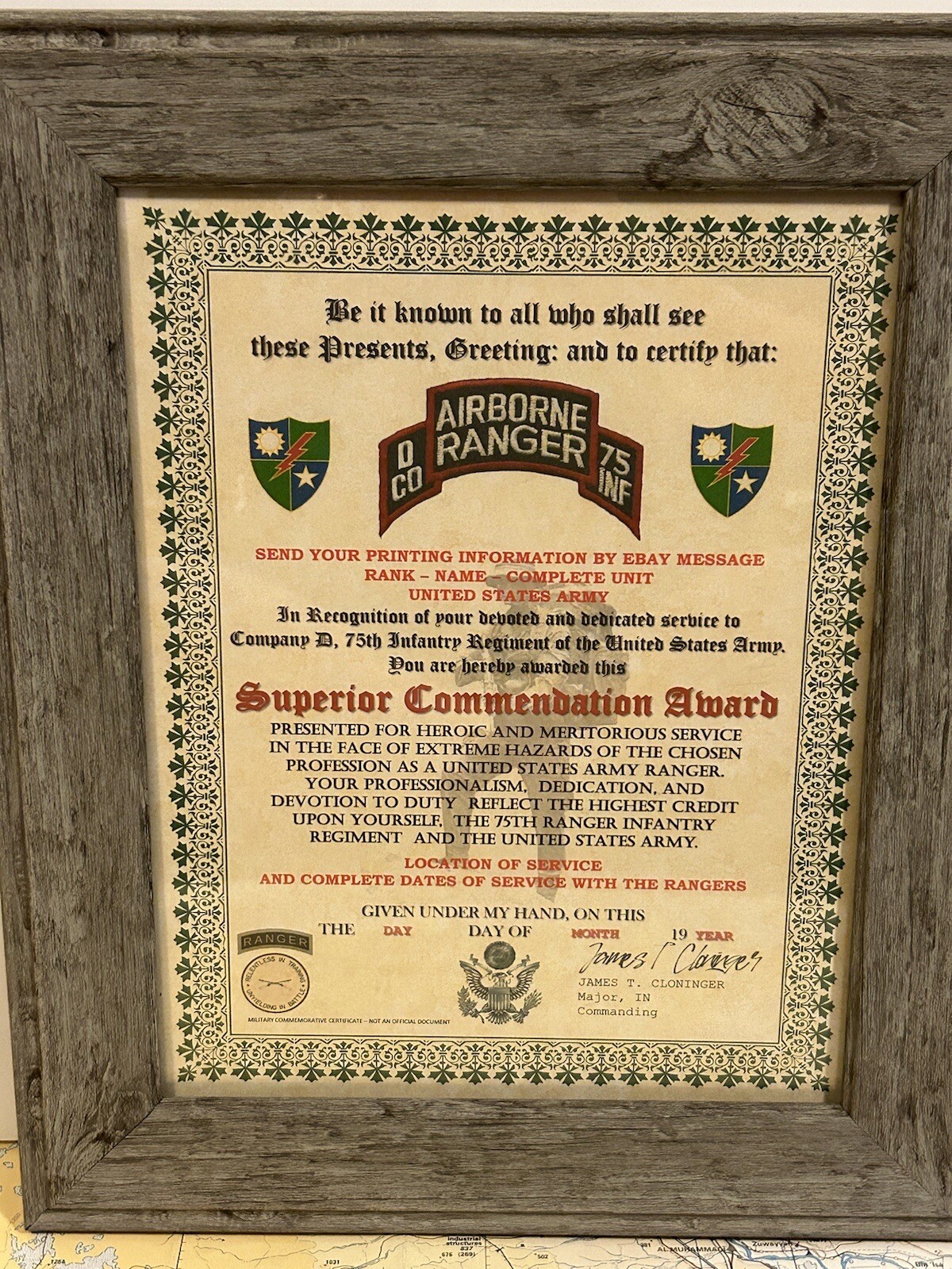 U.S. ARMY - 75TH RANGER / D CO - SUPERIOR COMMENDATION AWARD CERTIFICATE