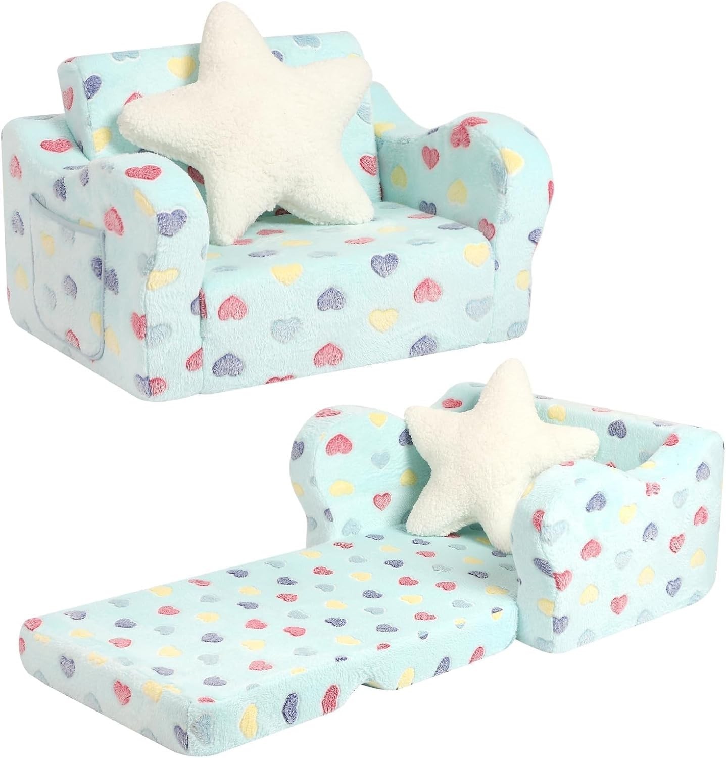 Toddler Couch, 2-in-1 Kids Soft Couch Fold Out with Star Pillow, Foldable Sof...