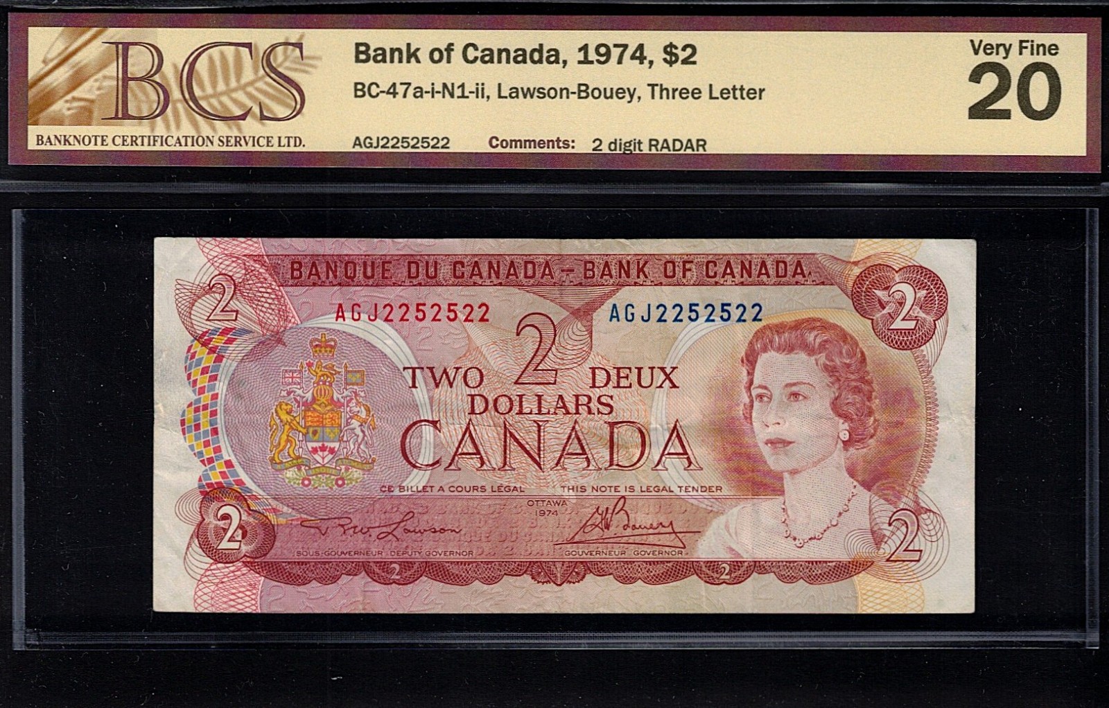 1974 RADAR $2.00 BCS VF-20 * 2252522 * RARE 2-Digit Serial # Canada QEII Deuce
