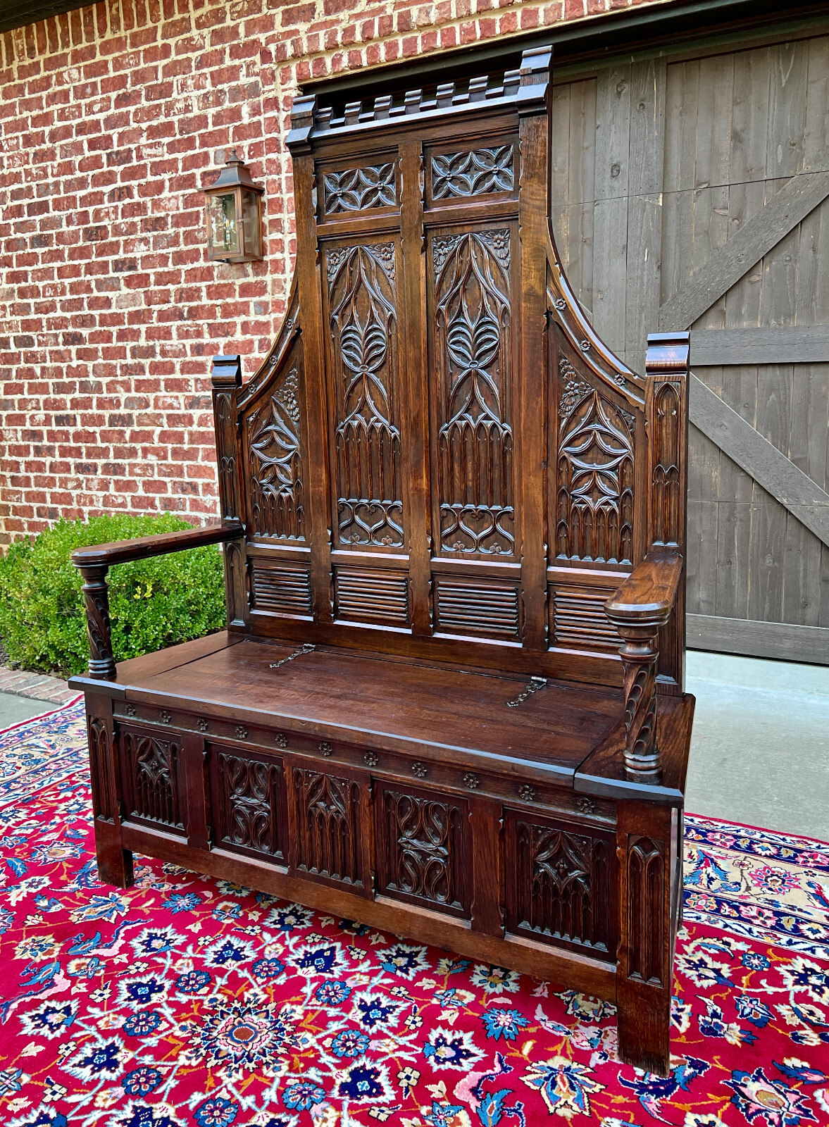 Antique French Bench Settee Gothic Oak Tracery Lift Top Seat Storage Trunk 19C