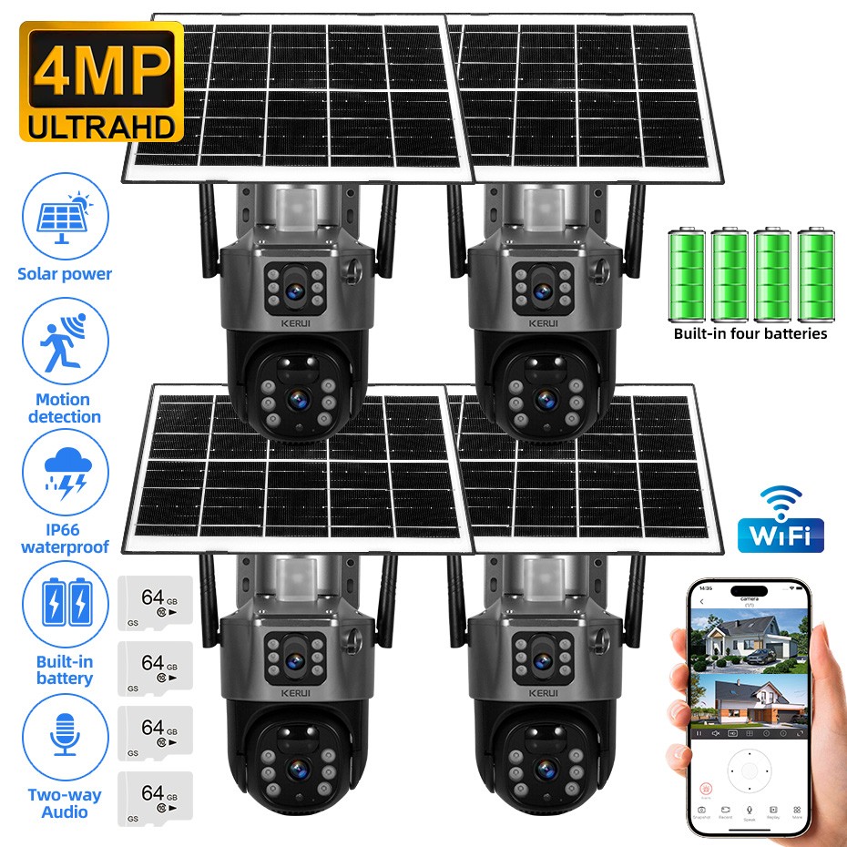 4Pack 4MP WIFI Pan/Tilt Home Security Camera Outdoor Solar Battery Home (64G)
