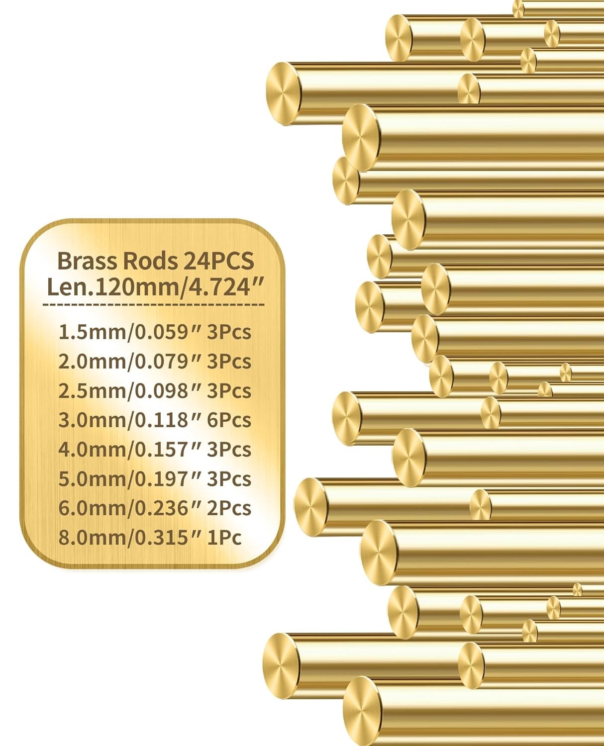 Brass Rods Assortment 1.5-8mm, 120mm Length, 24 Pcs for Knife Making