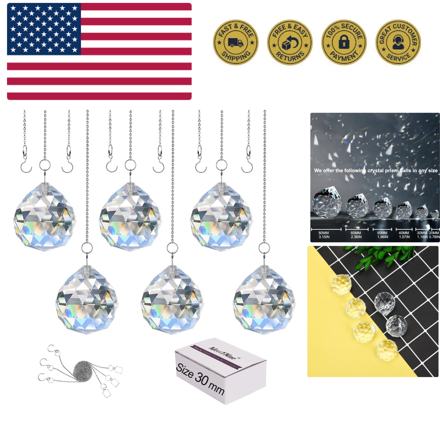 6 Pcs 30mm Clear Crystal Ball Prism Sun Shine Catcher Rainbow Pendants Maker,...