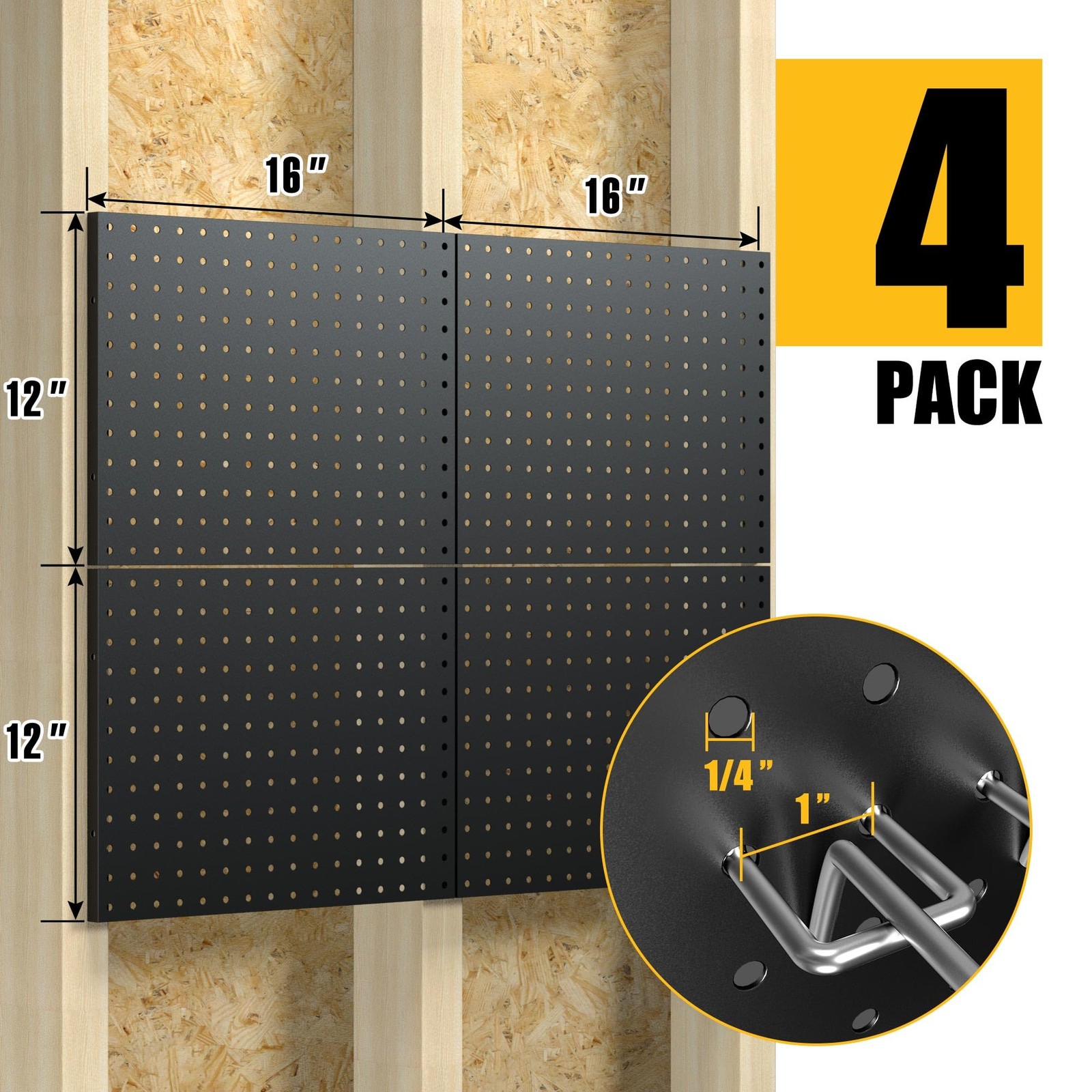 Peg Board, 4 Pack Metal Pegboard Panels with 50 Hooks, Black Pegboards Wall O...