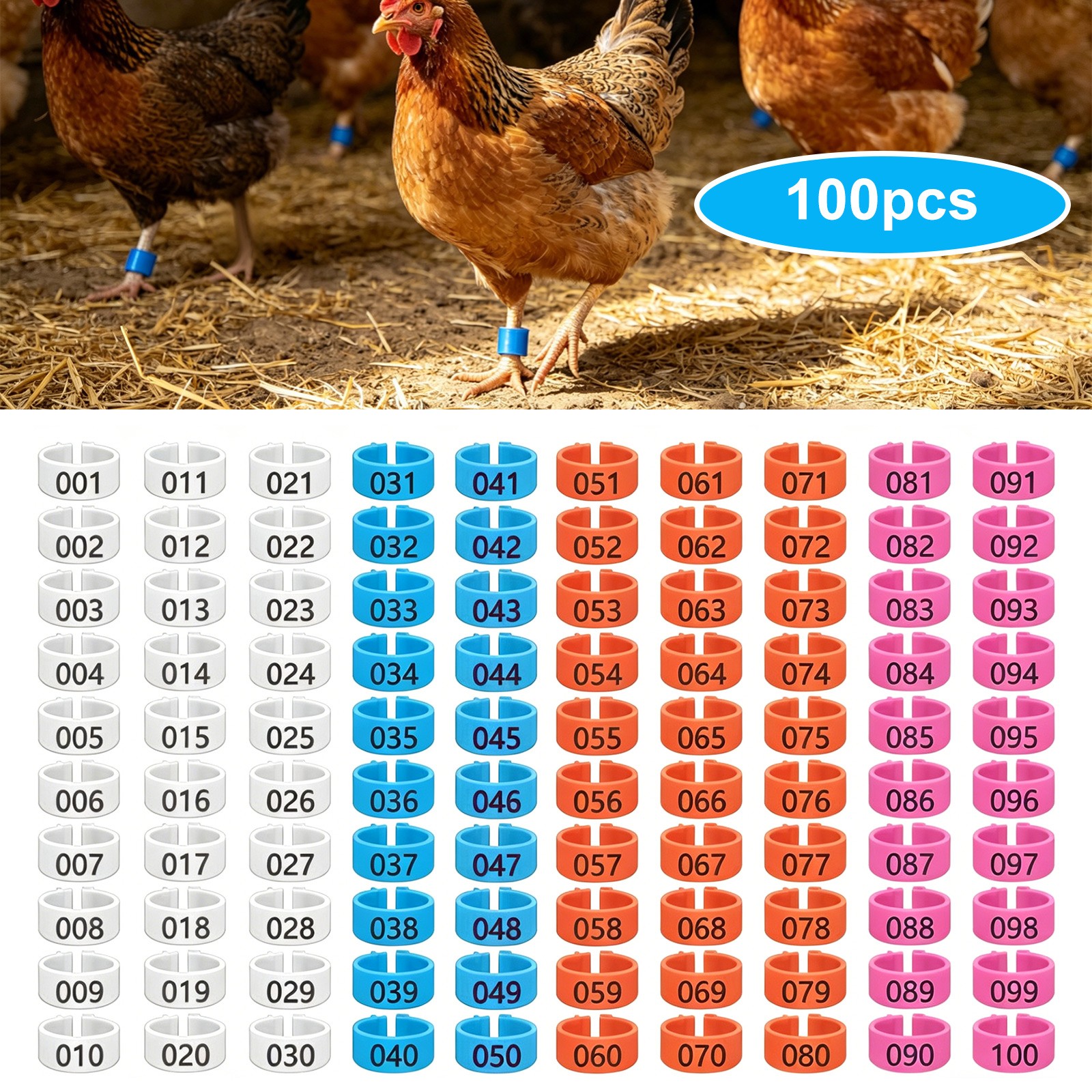 100 PCS Numbered Poultry Leg Bands Chicken Duck Goose Pigeon ID Rings Farm Tags