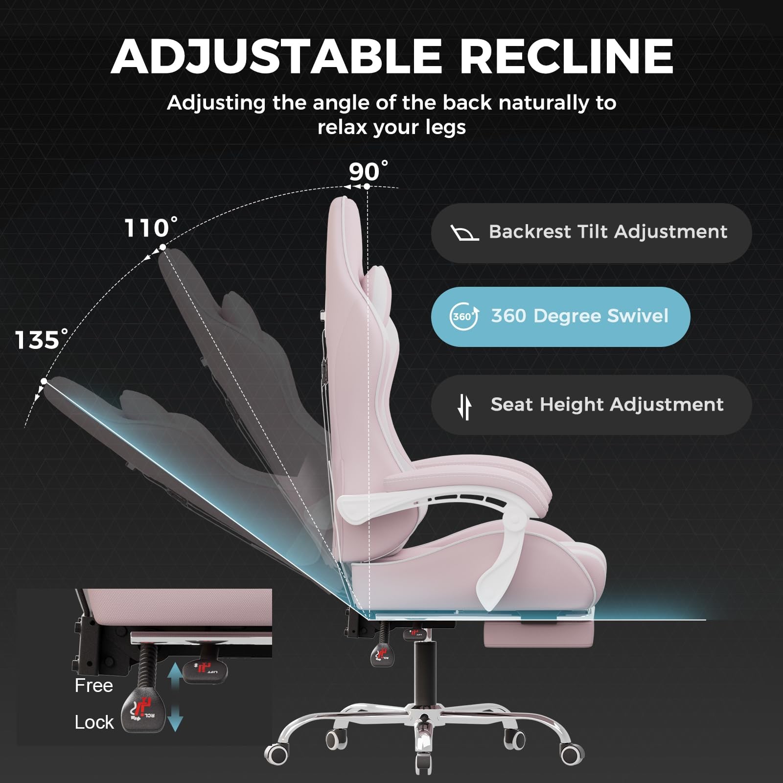 GTPLAYER Gaming Chair 20.05 inches x 20.08 x 49.21 inches, Fabric Pink
