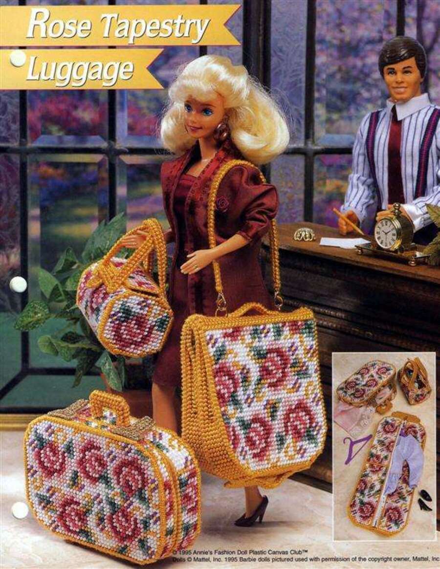 NEW ANNIES FASHION DOLL PLASTIC CANVAS CLUB ROSE TAPESTRY LUGGAGE OOP 1995