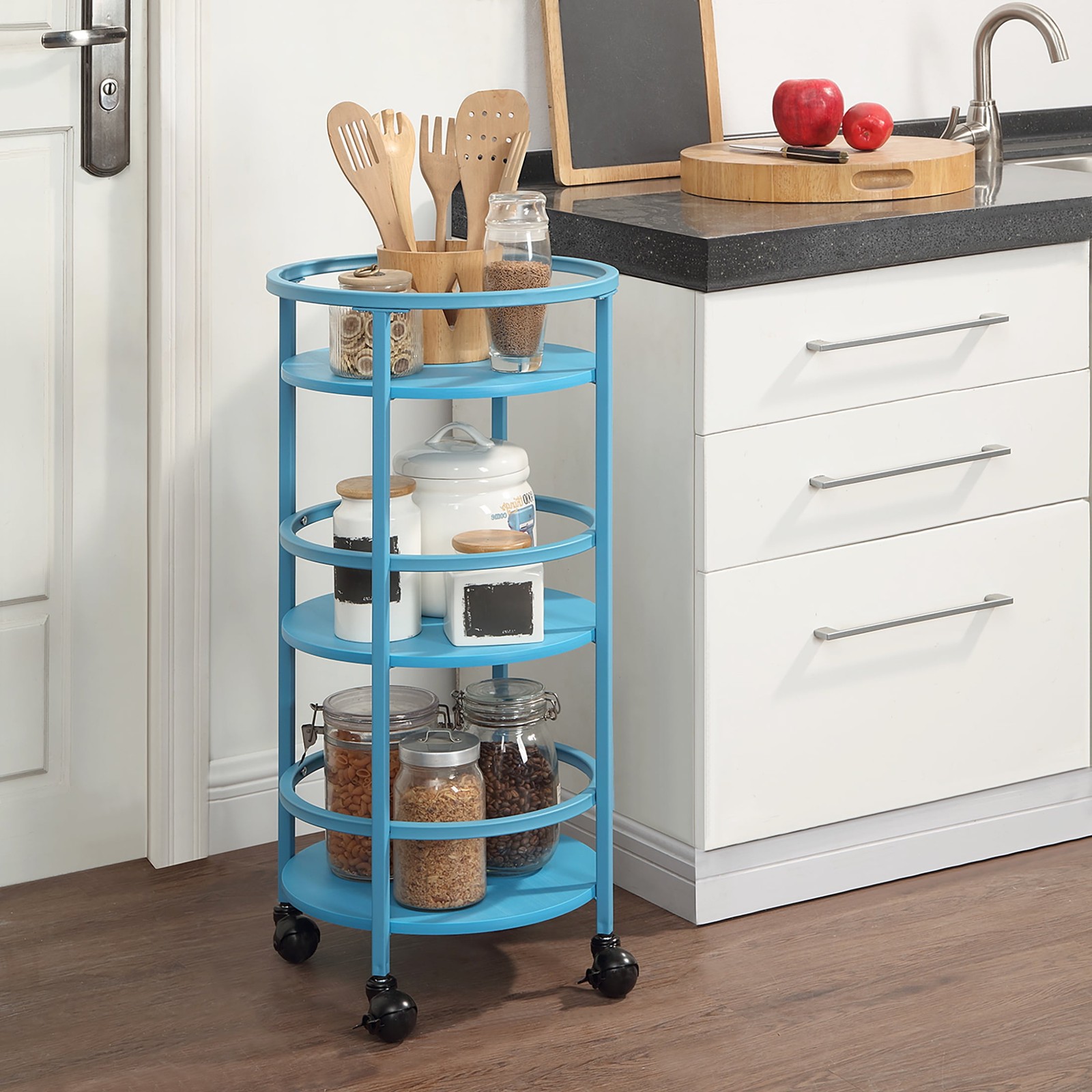 32" 3-Tier Rolling Round Kitchen Storage Bar Cart Black