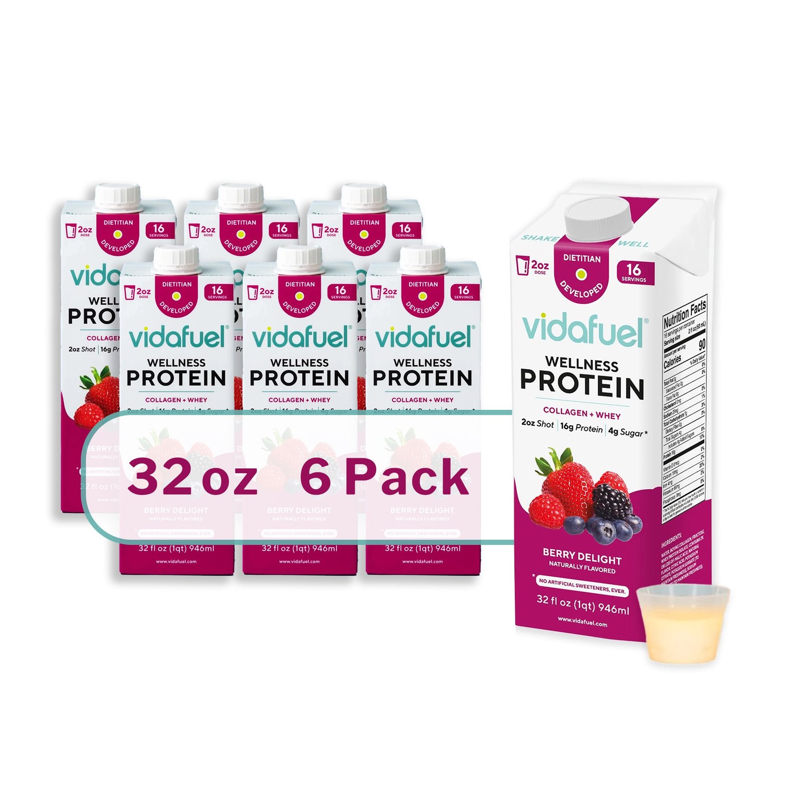 Vidafuel Wellness Protein Drink 2oz Shot 32oz Carton Berry Delight 6 Pack