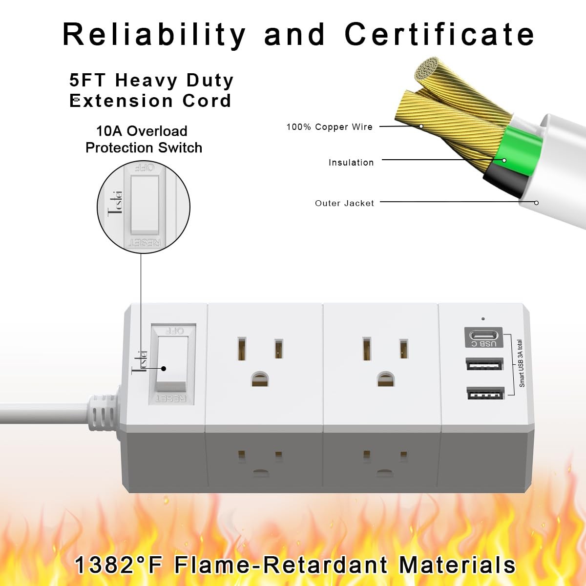 5Ft Outlet Extender Power Strip - Tcstei Flat Plug Extension Cord 5 Ft, White