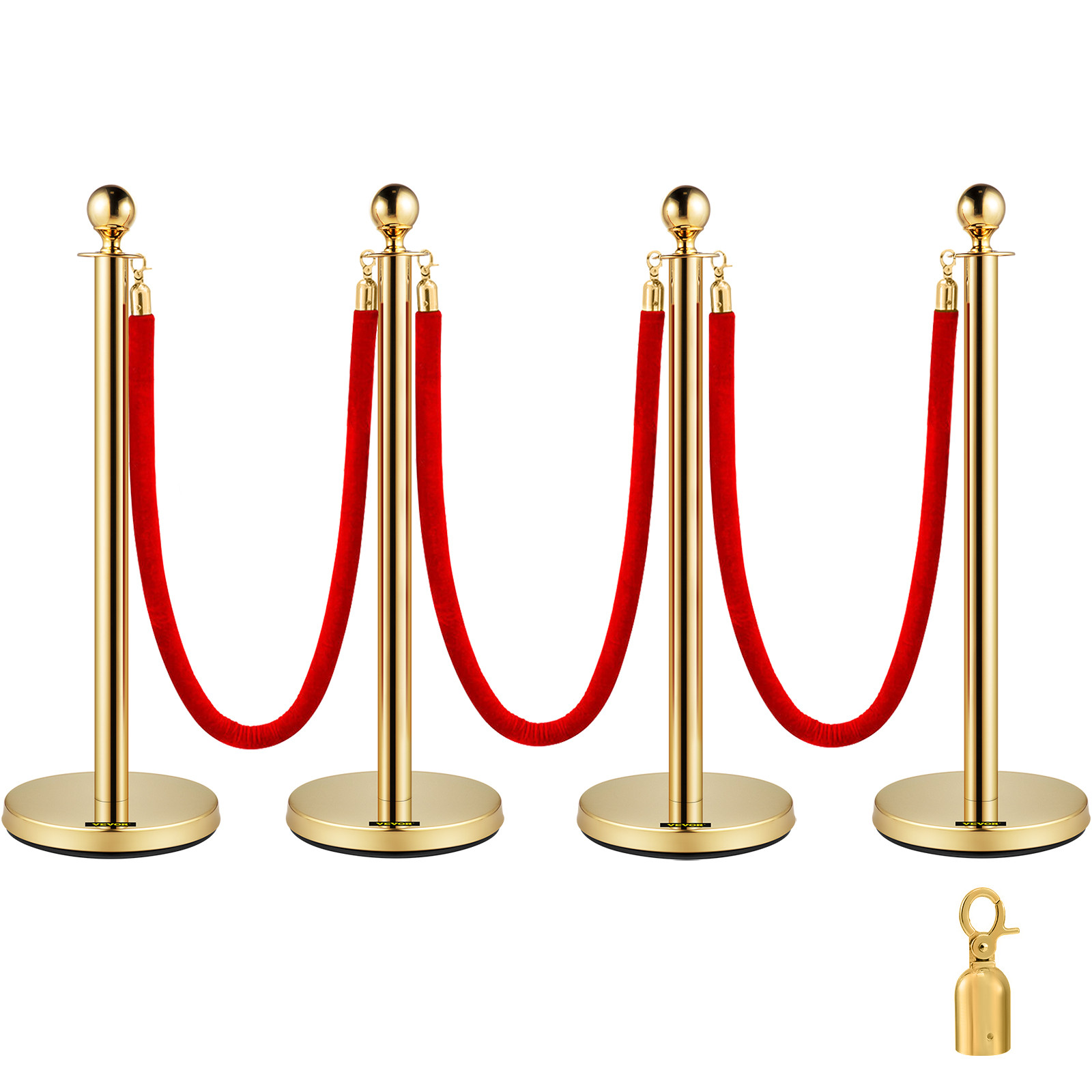 Stainless Steel Crowd Control Stanchions And Velvet Ropes Gold Pillar 3 Red Rope
