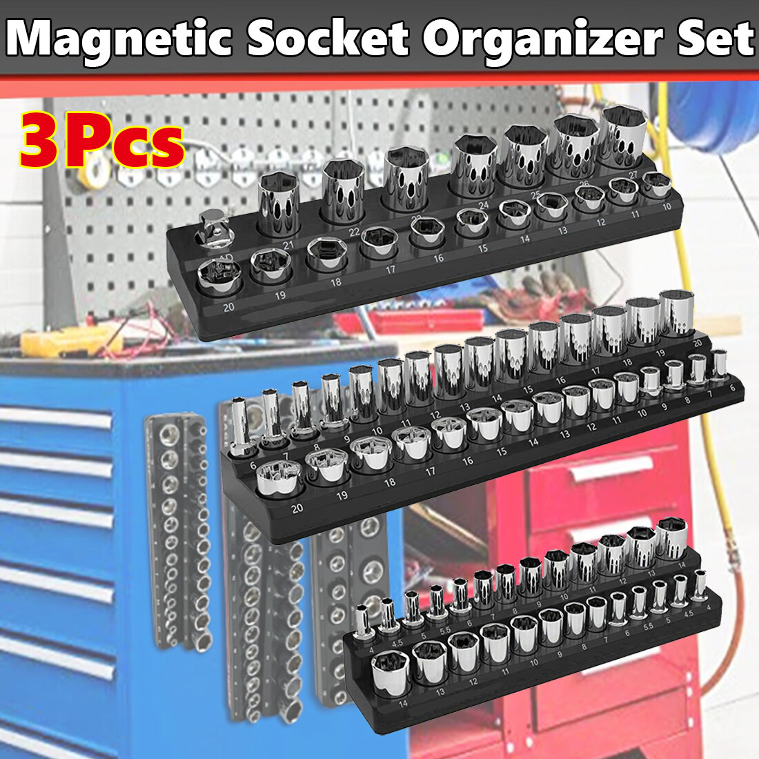 Magnetic Socket Organizer Socket Holder 3pcs 1/2 3/8 1/4in Driver Metric Black